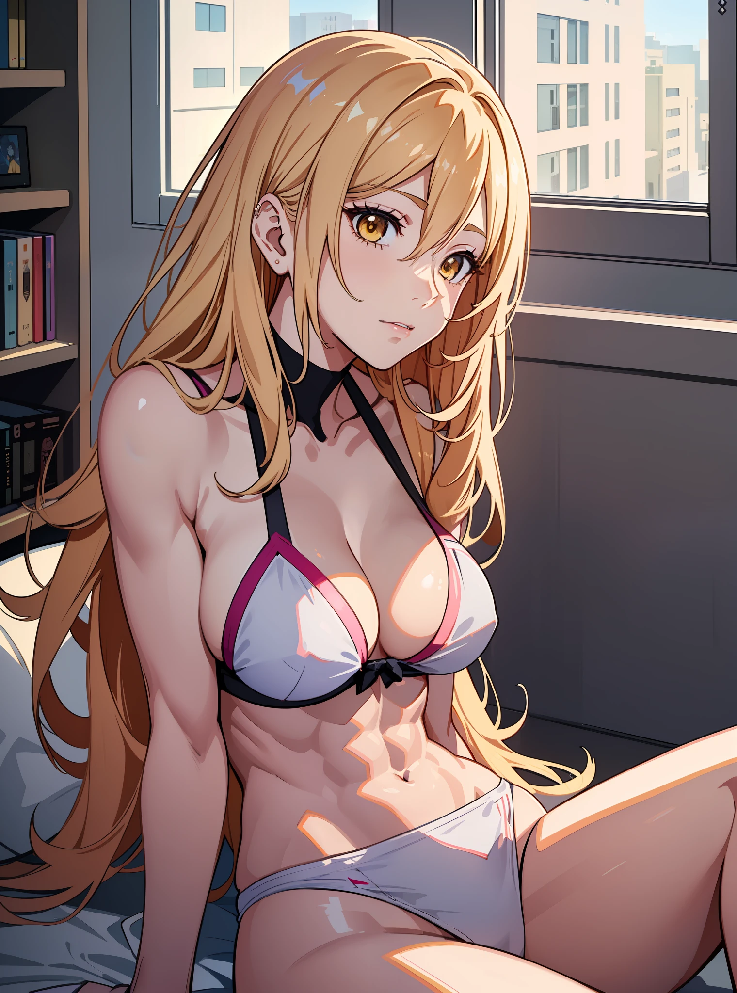 ((((masuter piece、top-quality、Long body、Normal bit、Insertion posture、a blond、muscular body、perspiring、nightcity、large full breasts、Split abs、Pure white skin、、opens legs、maikurobikini、Red cheeks、Seduce a man、laying on back、Beautiful abs、Golden hair、yellow  eyes、Athlete's body、)))、(((Shyness)))、Realistic skin type、an anime girl、Detailed Digital Anime Art、A seductive anime girl、extremely detailed art germ、a hyperrealistic schoolgirl、Ilyakukvshinov。4 k、Smooth Anime CG Art、Ultra Realistic Woman、ig model |ArtGerm、Photorealistic anime girl rendering、digital anime art