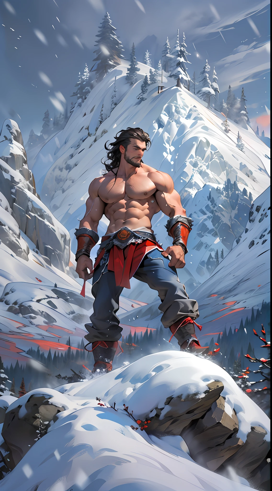 Mighty warrior, shirtless upper body, legs exposed from thighs to feet, cascading long curls, detailed muscular physique, lifelike depiction, 4K resolution. Background: Snow-covered mountain peak,32k uhd, best quality, masterpiece, super detail, high details