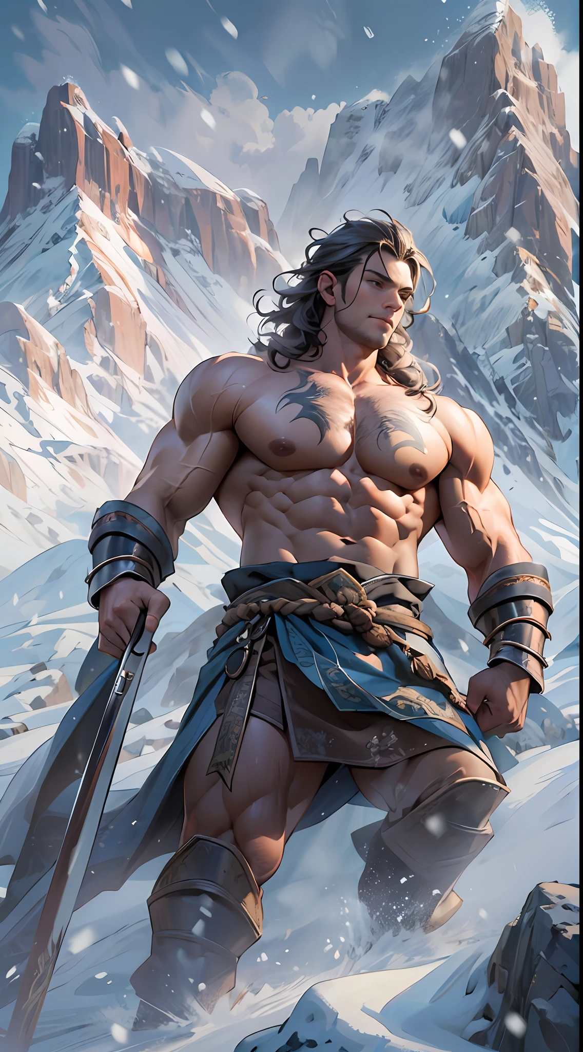 Mighty warrior, shirtless upper body, legs exposed from thighs to feet, cascading long curls, detailed muscular physique, lifelike depiction, 4K resolution. Background: Snow-covered mountain peak,32k uhd, best quality, masterpiece, super detail, high details