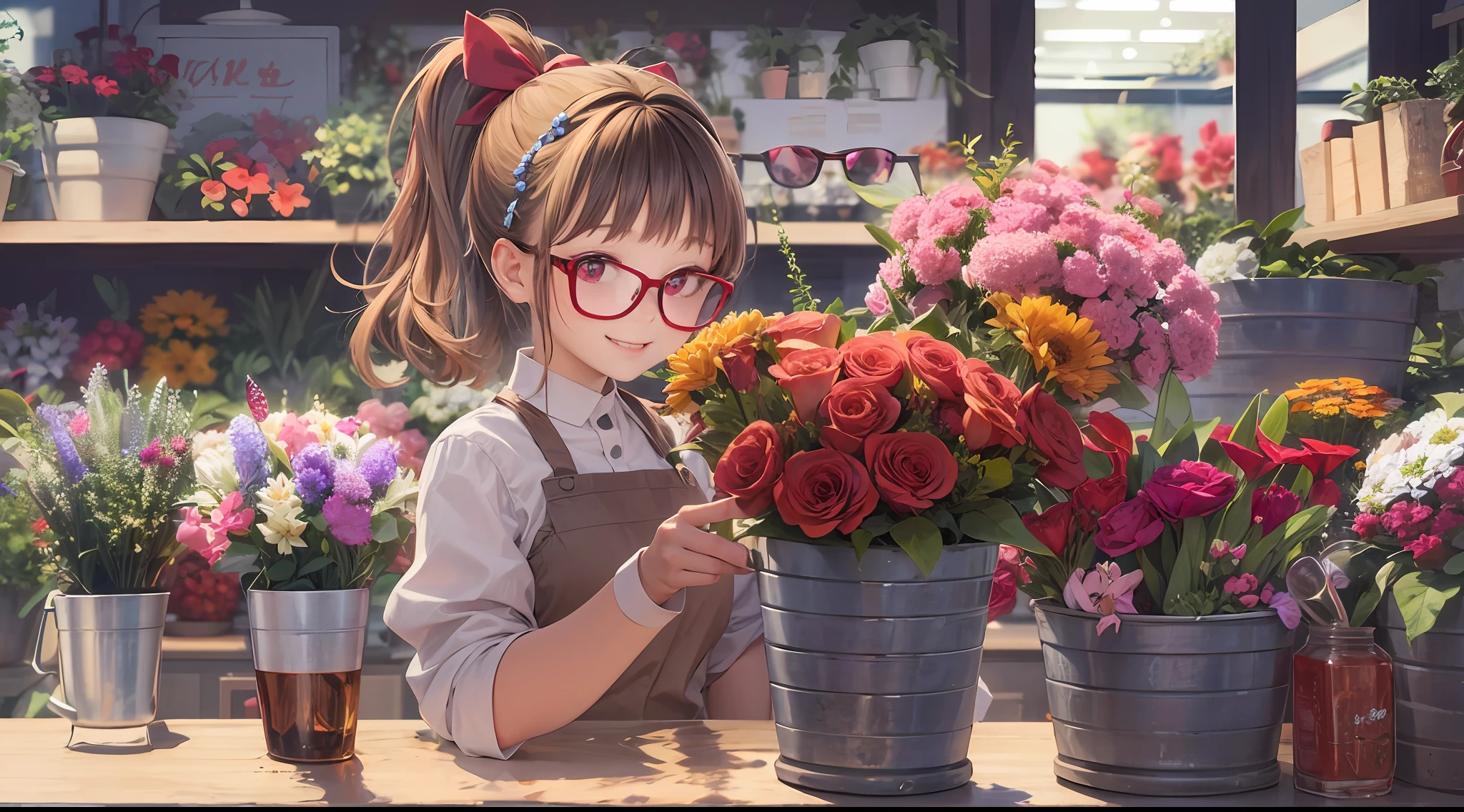 Best Quality、超A high resolution、fullllbody、Girl working in a flower shop、Making a bouquet、 Red glasses、A smile