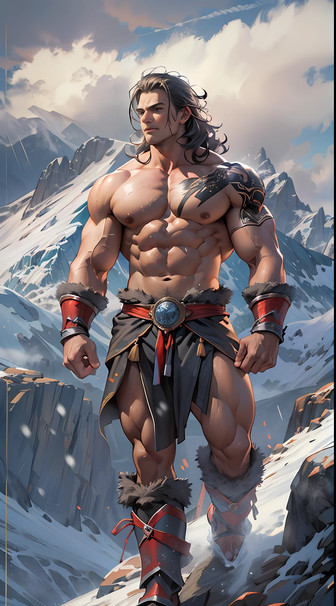 Mighty warrior, shirtless upper body, legs exposed from thighs to feet, cascading long curls, detailed muscular physique, lifelike depiction, 4K resolution. Background: Snow-covered mountain peak,32k uhd, best quality, masterpiece, super detail, high details