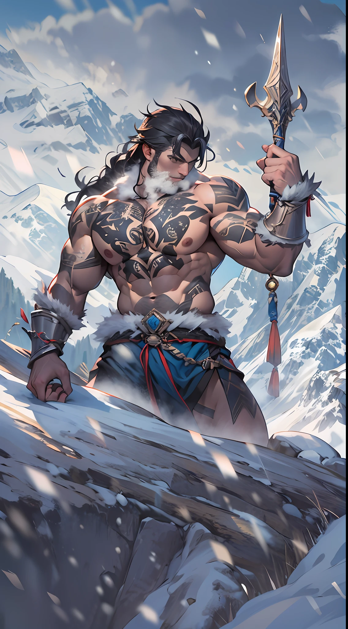 Mighty warrior, shirtless upper body, legs exposed from thighs to feet, cascading long curls, detailed muscular physique, lifelike depiction, 4K resolution. Background: Snow-covered mountain peak,32k uhd, best quality, masterpiece, super detail, high details