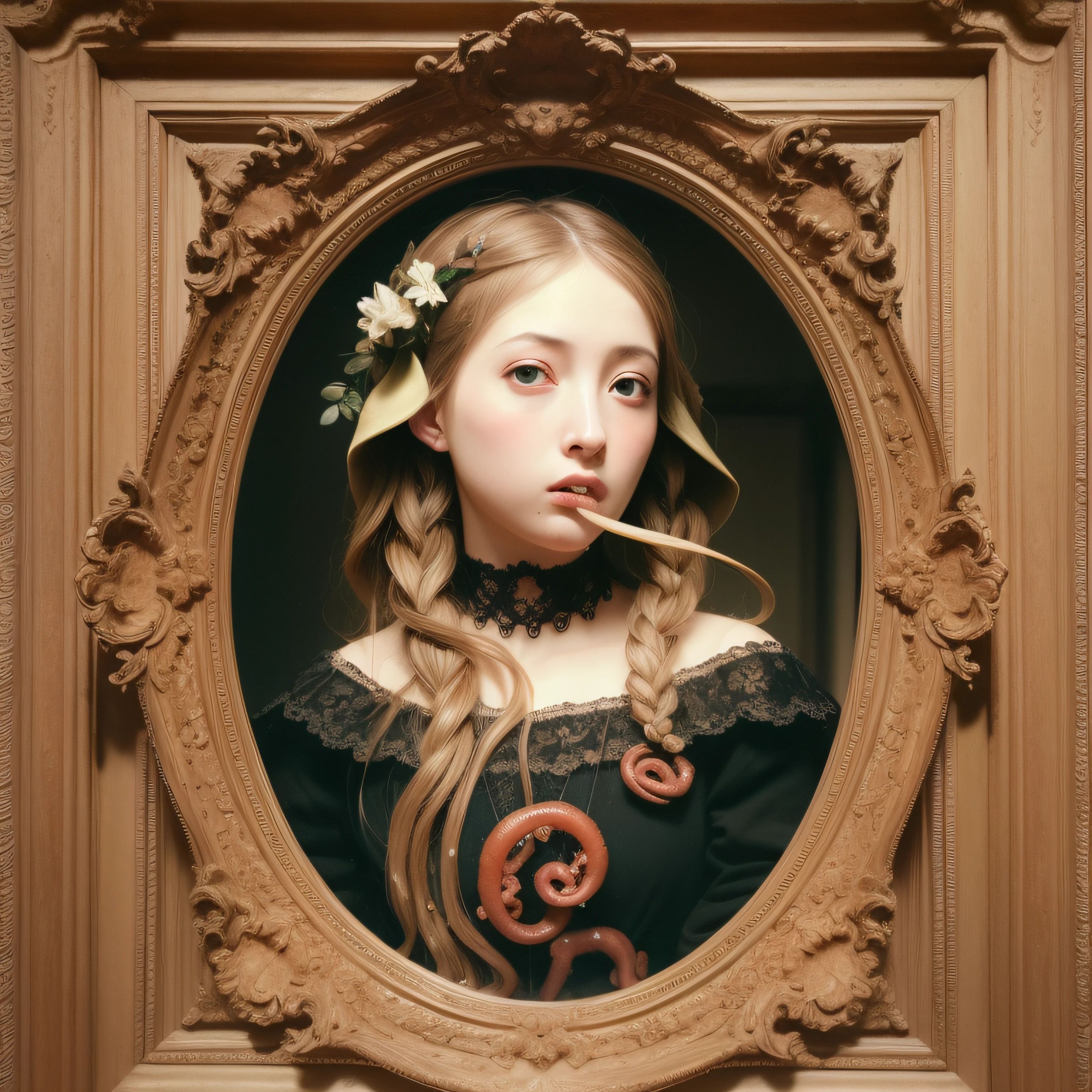 (extremadamente detallado, obra maestra, La mejor calidad), Estilo oscuro, intense illumination, rostro con arrugas, lengua larga, tentacle, deforme, monstruoso, un anciano con Colmillos finos, amenazante. Rococo composition. Luz de caravaggio