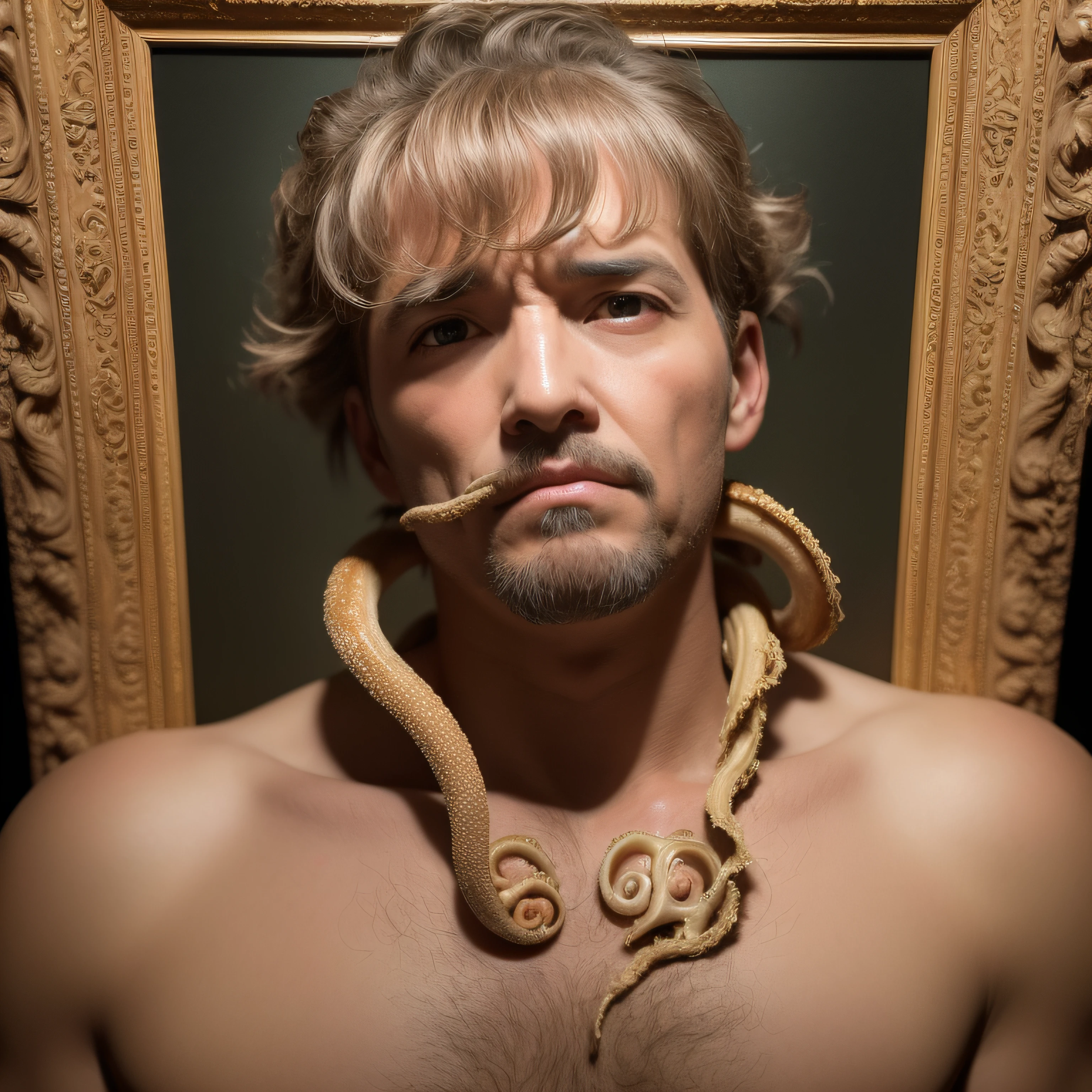 (extremadamente detallado, obra maestra, La mejor calidad), Estilo oscuro, intense illumination, rostro con arrugas, lengua larga, tentacle, deforme, monstruoso, un anciano con Colmillos finos, amenazante. Rococo composition. Luz de caravaggio