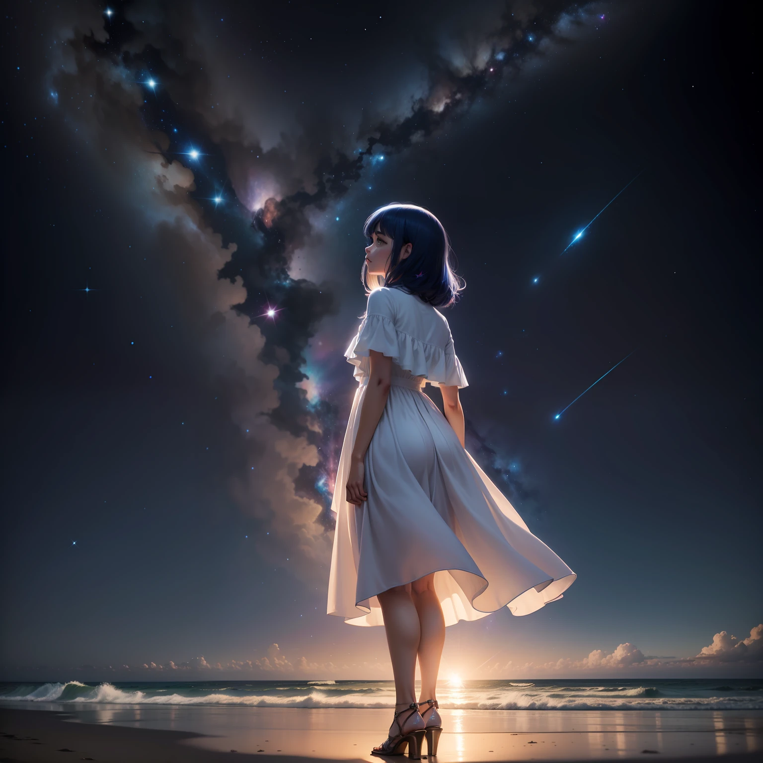 starrysky，A woman stands on the beach looking at the stars，The girl looked into space，Anime girl with dark blue hair in a white dress，girl in space，cosmos sem fim no fundo，Look at the universe，Stunning wallpapers，On the background of the Milky Way，beautiful girl on the horizon，Look at space