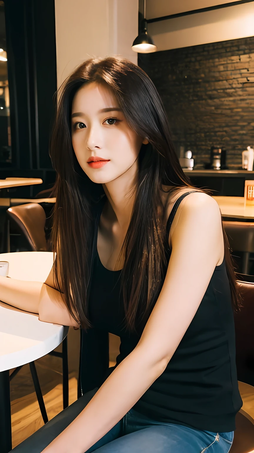 (Realistic, High resolution:1.2), 1 girl, super fine face and eyes, long hair, tight black tank top with black jacket, short jeans, sitting on coffee chair, in café, coffee on table, big breasts