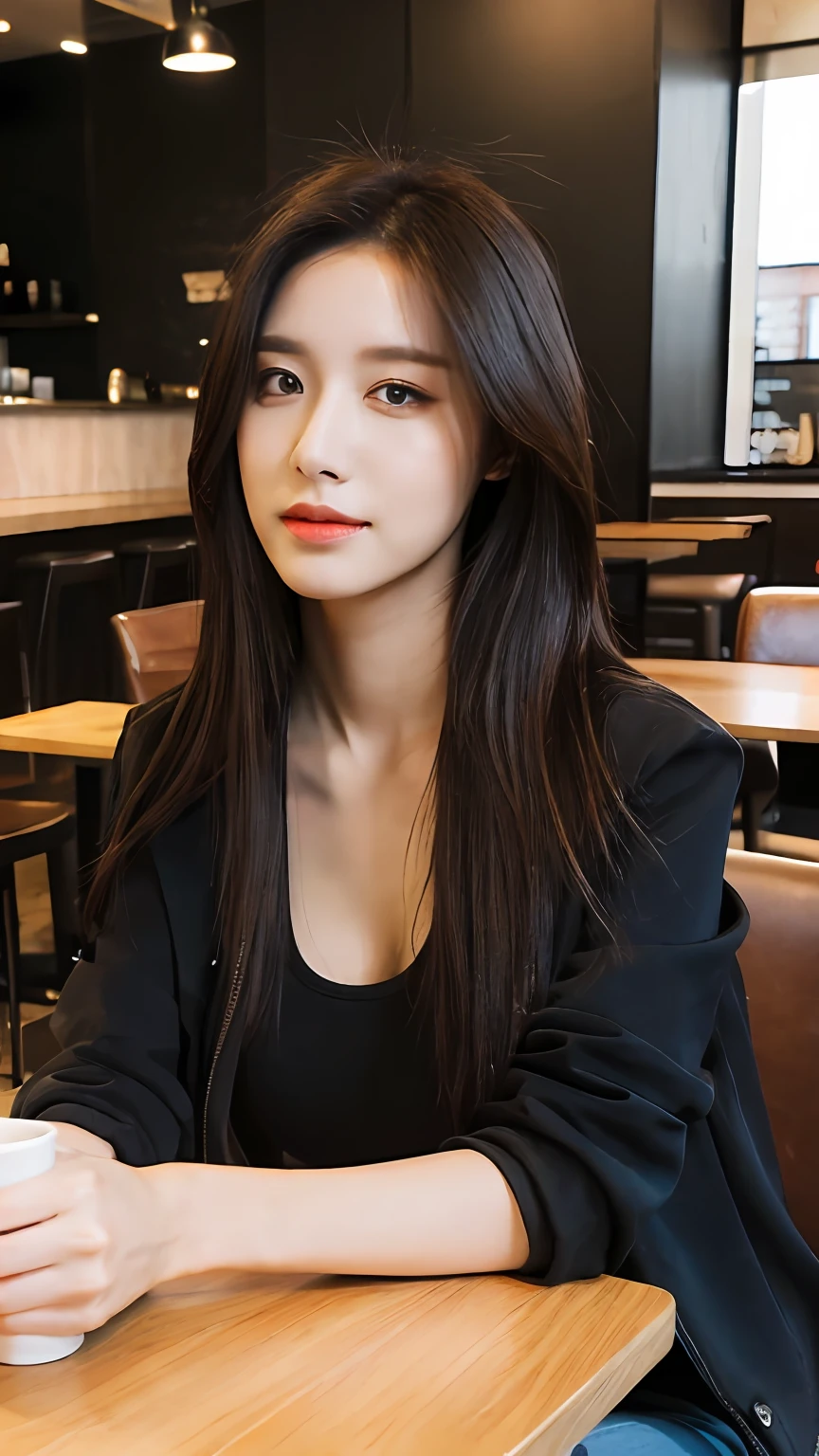 (Realistic, High resolution:1.2), 1 girl, super fine face and eyes, long hair, tight black tank top with black jacket, short jeans, sitting on coffee chair, in café, coffee on table, big breasts