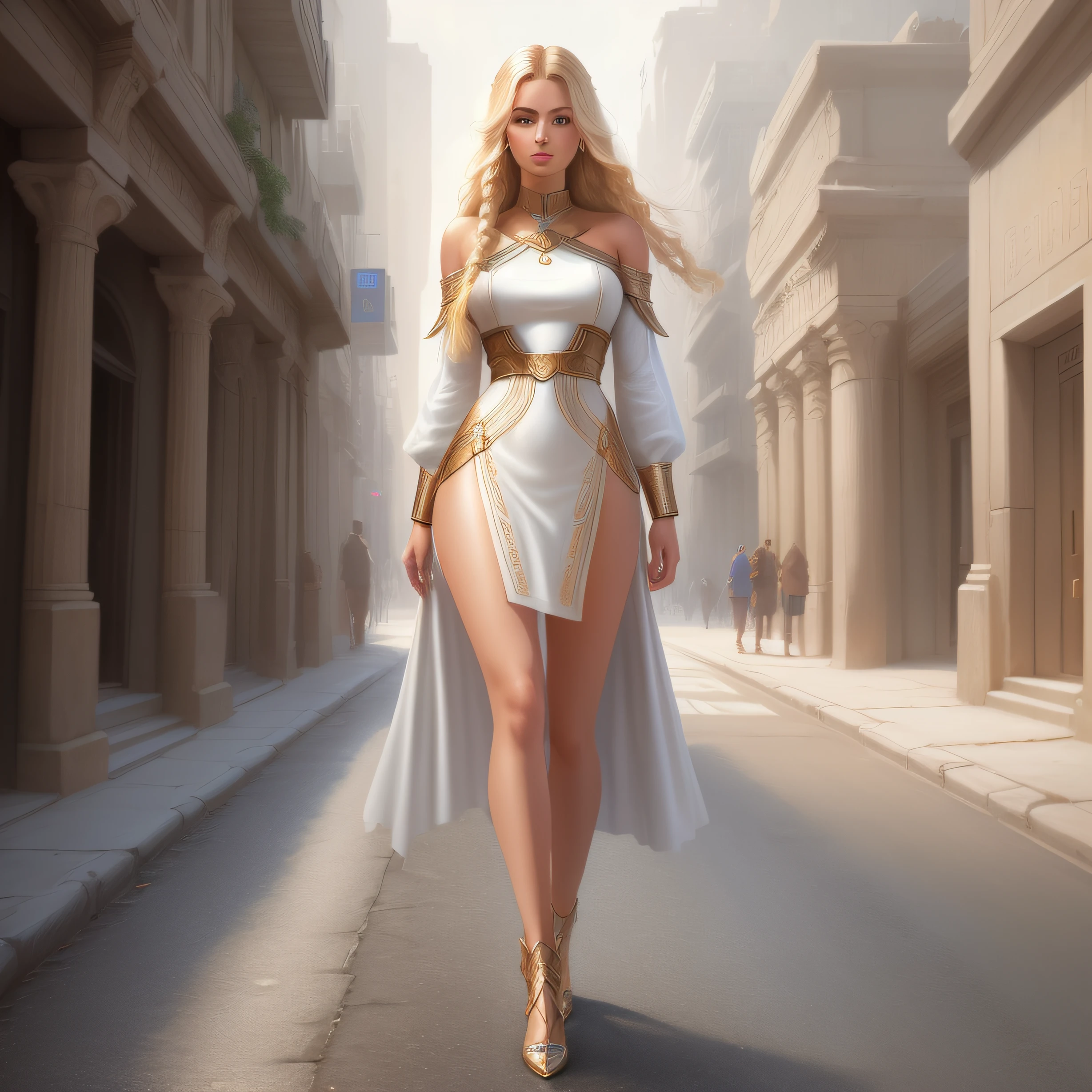 A high-resolution Hyper detailed Full body drawing of an attractive young woman resembling Eden McCoy with shoulder-length blonde hair, dressed in a hyper-detailed Short length Ancient Greek (Ultra short length) tunic, Full body portrait in the style of Bruce Pennington on the street futuristic Sci-Fi city