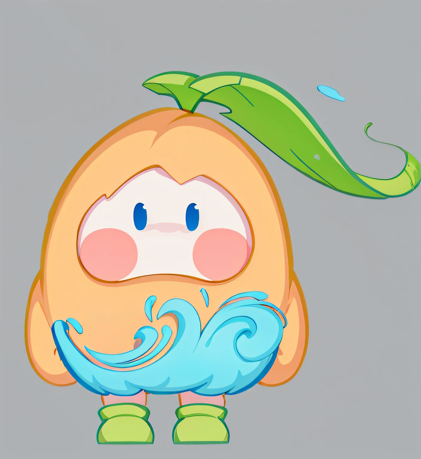 PopMart blind box IP,Front view,About the water apricot mascot,Water apricot leaves on the head,Water streaks,The apricot body stands naturally,Frontal whole body,Bubble Mart style,Clean and simple design,IP image,High-grade natural color scheme,Bright and harmonious,Lovely and colorful,Detailed character design,behans,Haipai style,organic sculpting,C4D style,3D animation style design,Cartoony,Fun character design,Ray traching,Children's book illustration style