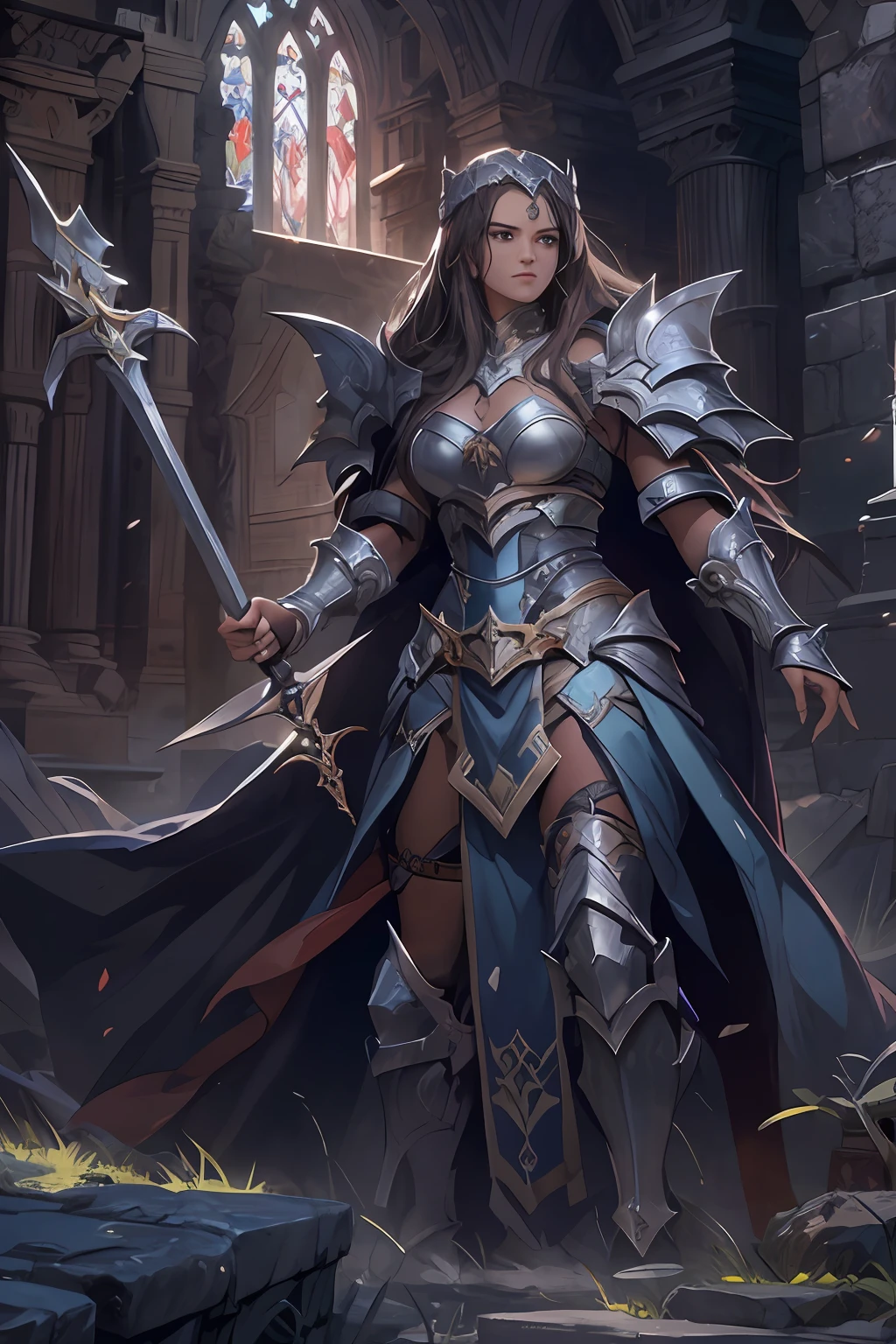 arafed, high details, best quality, 8k, [ultra detailed], masterpiece, best quality, (extremely detailed), dynamic angle, ultra wide shot, RAW, photorealistic, fantasy art, dnd art, rpg art, realistic art, a picture of female human fantasy paladin, epic fantasy paladin, rpg paladin, full body, ultra detailed face (1.5) [[anatomically correct]] dynamic position (1.5 intricate details, Masterpiece, best quality) in dark fantasy cemetery (1.5 intricate details, Masterpiece, best quality), woman wearing bright armor, heavy armor (1.4 intricate details, Masterpiece, best quality), armed with epic sword, epic holy sword, radiant sword, sword sheds bright ligh(1.3, masterpiece), purple cloak (1.3, masterpiece) holy symbol with [bright aura] (1.4), long hair, dark hair, green eyes intense eyes, dark cemetery background (1.5 intricate details, Masterpiece, best quality) god rays, divine rays (1.4 intricate details, Masterpiece, best quality), dynamic angle, (1.4 intricate details, Masterpiece, best quality), high details, best quality, highres, ultra wide angle@EG1