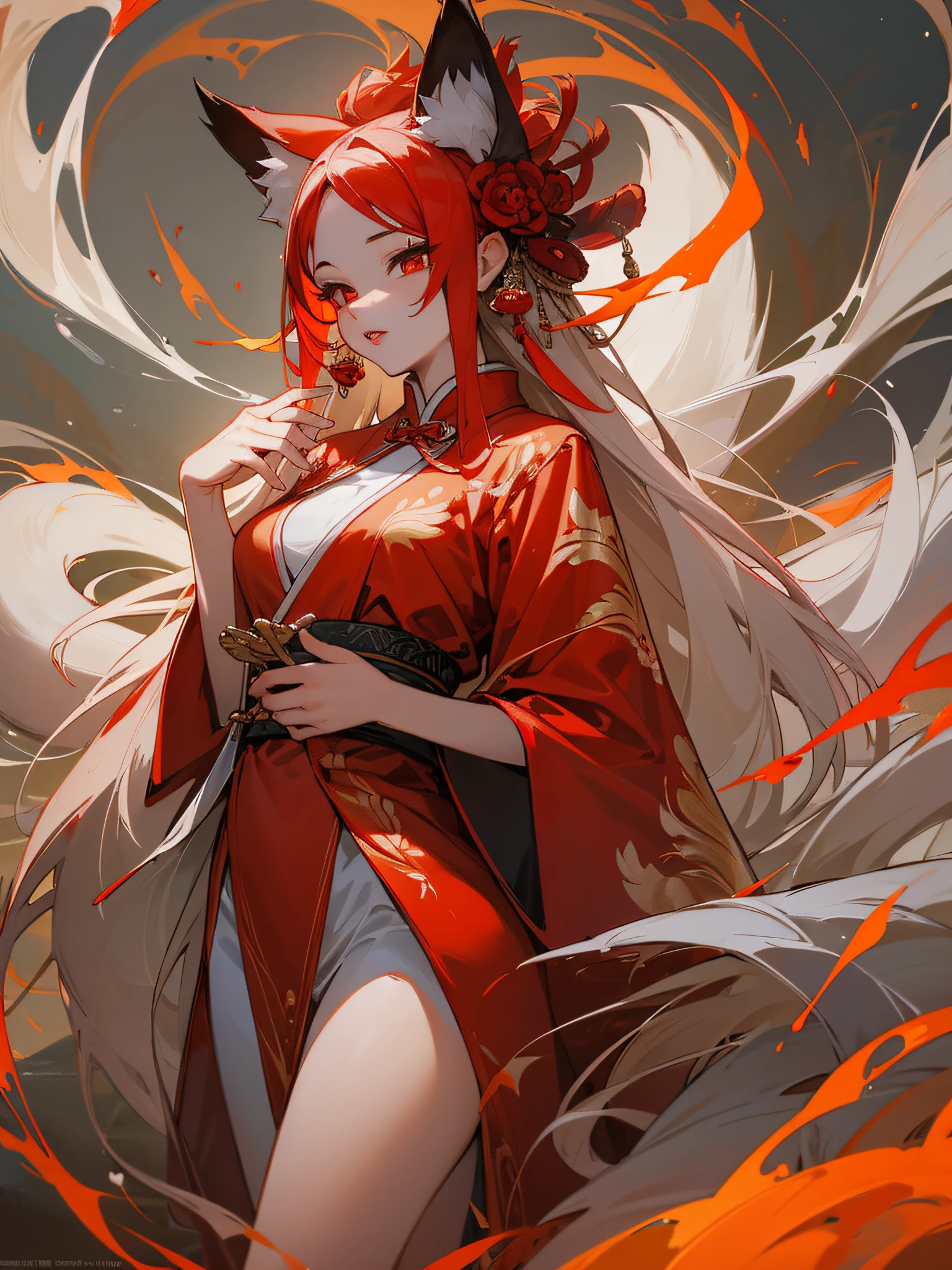 masterpiece, best quality, high quality, Nine-tailed Fox Spirit,fox tails,red silk robe,white tails,scorching flames,with slightly parted red lips, her eyes gleam with a mysterious light,standing on the grassland,foreset,river,chinese Godess,