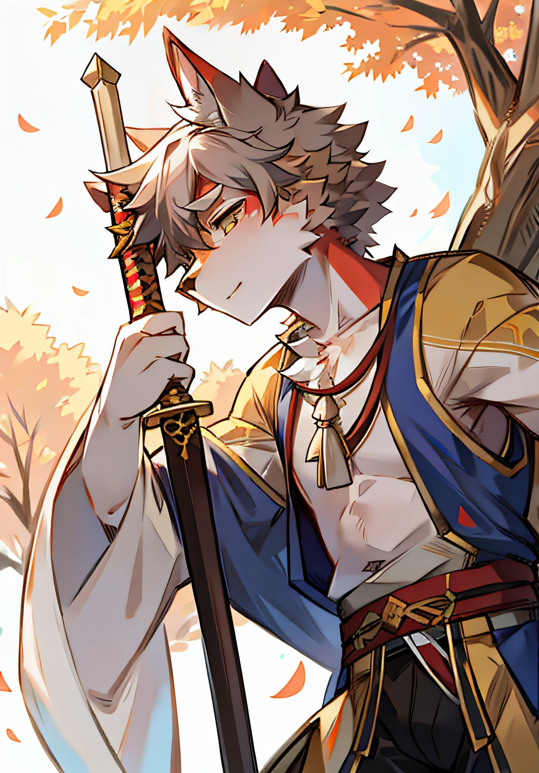 Furry male in Hanfu,Holding a long sword,Leaning against a big tree,Falling leaves