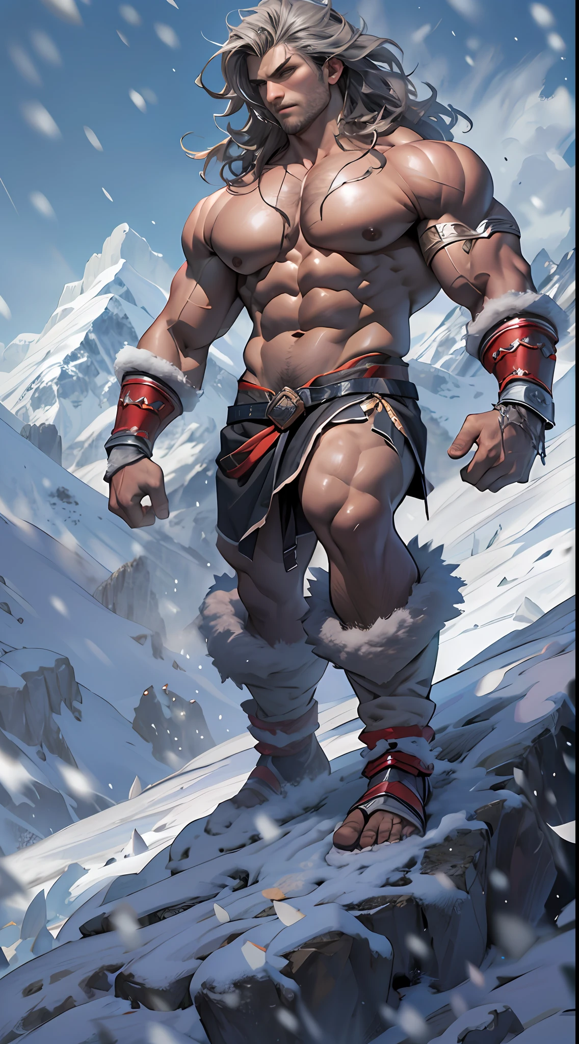 Mighty warrior, shirtless upper body, legs exposed from thighs to feet, cascading long curls, detailed muscular physique, lifelike depiction, 4K resolution. Background: Snow-covered mountain peak,32k uhd, best quality, masterpiece, super detail, high details