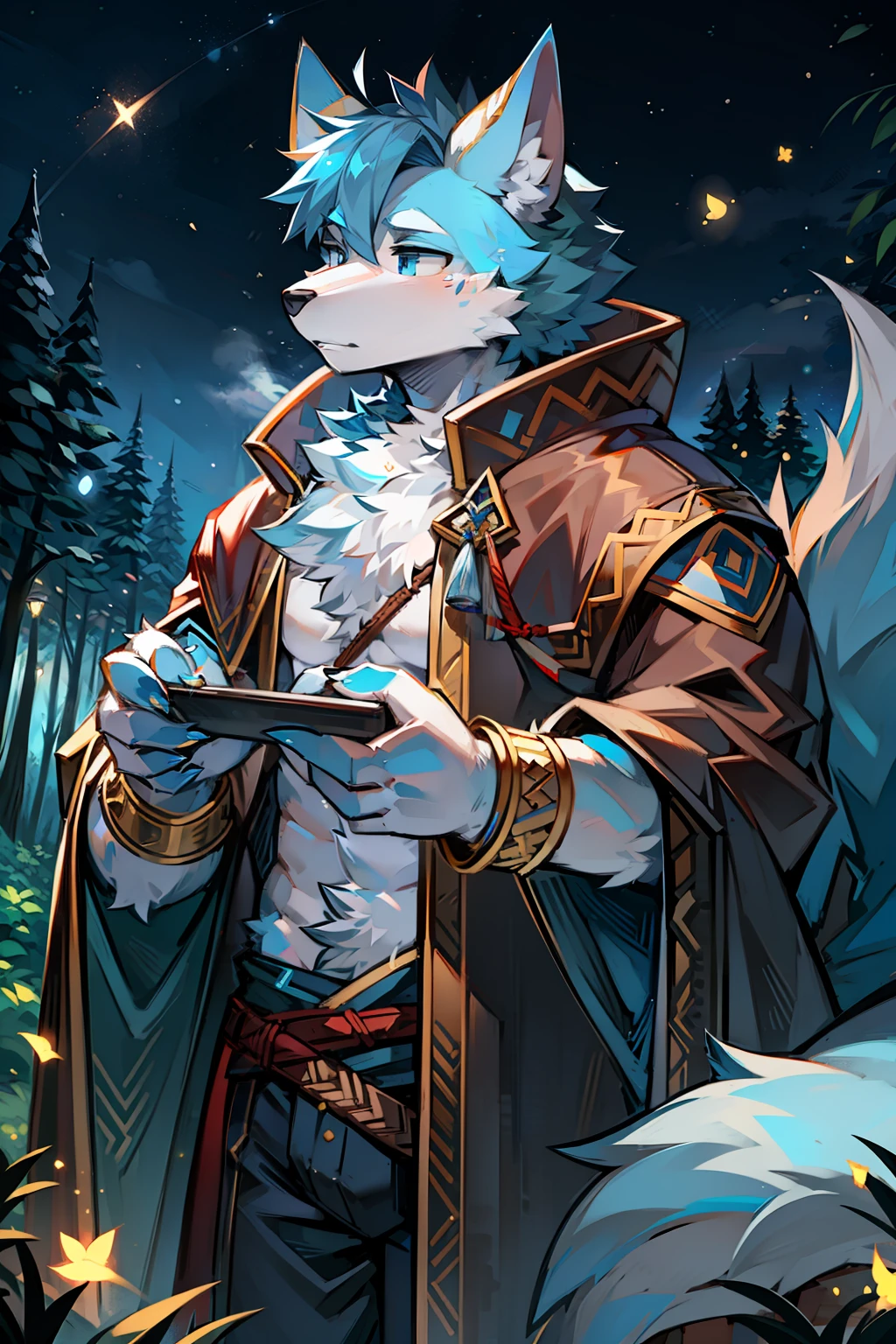 Wolf head，Wolf tail，Male，musculature，Raised sexy，Full Body Hair，light blue  hair，Light blue ears，White belly，Sky blue pupils，Melee Mage，Wearing Hanfu，The left hand wears a bracelet made of multicolored rope，Behind you is the starry sky，At the junction of meadows and forests, Hide behind trees，There are fireflies around