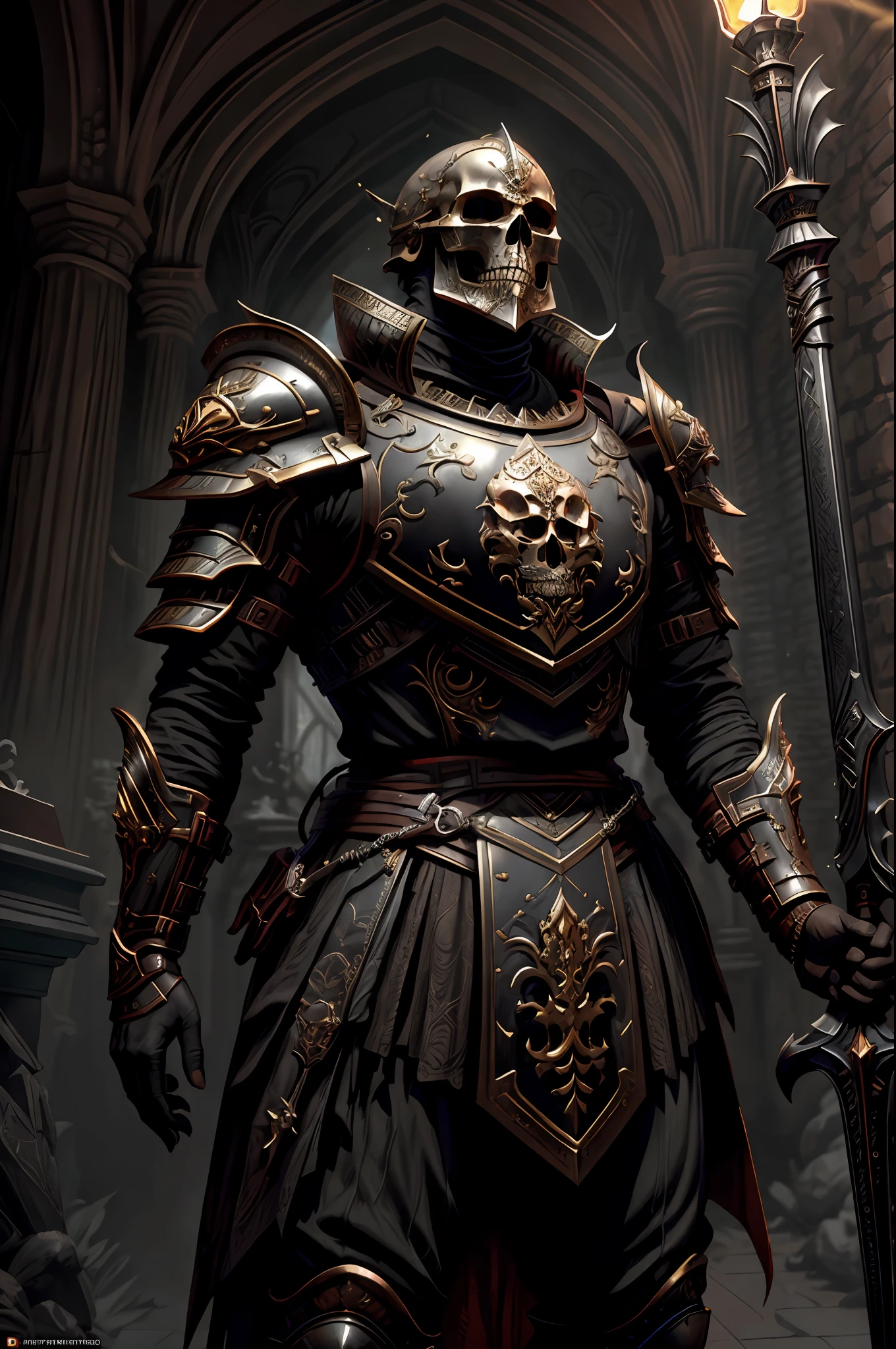 um cavaleiro esqueleto, His skull is of white bone and is on display, sem capacete, sem elmo, Ultra realista, usando armadura de placas brilhante preto andando em uma vila em chamas, He uses a sword in one hand and a shield in the other, (intrincado: 1.4) (obra-prima: 1.4) (illustration: 1.4), red studio lighting, Post-processing, 8K分辨率, fundo escuro, imponente , fotos meticulosamente compostas, impressionantes, fantasia sombria (Por Greg Rutkowski: 1.2), (por daarken: 1.5)&Quot;