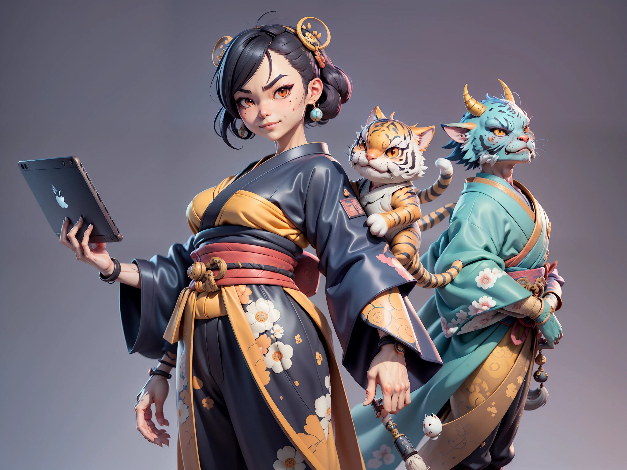(Daisaku),(Need),(Super meticulous),(full bodyesbian:1.2),Japanese ukiyo-e girl，japanese geisha，Beautiful，Oriental dragon，one tiger，Aeolian Thor，Raised sexy，爆乳，Oriental face，TV Anchor，Bust portrait illustration，Alone，In black suit，a blue tie，The face is slightly chubby，The face was clean，without a beard，Black super short hair，Black eyes，Smile confidently，3C computer sub-products，iPad， iphone，Digital painting，3D character design by Mark Clairen and Pixar and Hayao Miyazaki and Akira Toriyama，The illustration is a high-definition illustration in 4K resolution，With very detailed facial features and cartoon-style visuals。
