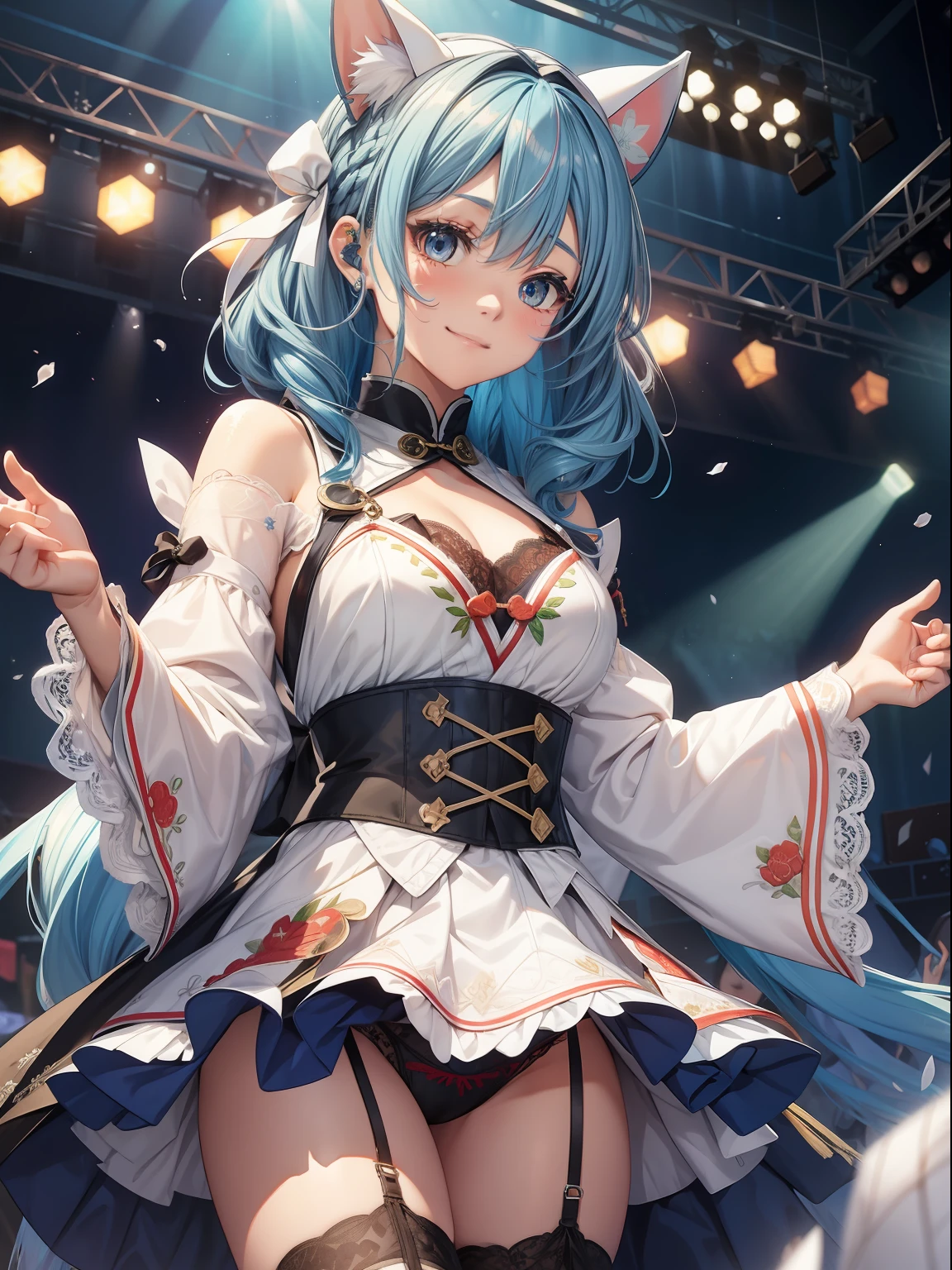 absurderes、ultra-detailliert、masterpiece、top-quality、BREAK、Official art、(Beautifully Aesthetic:1.2)、(watercolor paiting:Curly)、BREAK、Devilish Pretty Girl 1.2、a beauty girl、(kawaii:⒈3)、、BREAK、((Blue hair color:1.4))、BREAK、striated hair、((Random hairstyle:1.2))、(Splash)、(フラクタルアート1.3)、BREAK、Cat's ears、A sexy、(Ultra-detailed hands and fingers:1.2)、BREAK、Carefully written hands and fingers、((Chinese ruffled skirt and open chest((colourfull))Nazaki:1.2))BREAK、((heterochromia iridis、BREAK、Variegated eyes))、BREAK、Since a while ago:1.2、randome pose、BREAK、stick out buttocks、shyly smile、red blush、Happy smiling face、BREAK、Look at viewers、((Cute with super complex embroidery pattern((blanche))lace string panties:1.2))、BREAK、((AI Concert:1.4))、BREAK、livestream、BREAK、Lighting with neon glow on background、BREAK、(Get a professional AI stage background:1.2)、BREAK、profetional lighting、BREAK、Singing with microphone in hand、((Panchira:1.2)) Skirt Lift Up:1.2、Fan Service