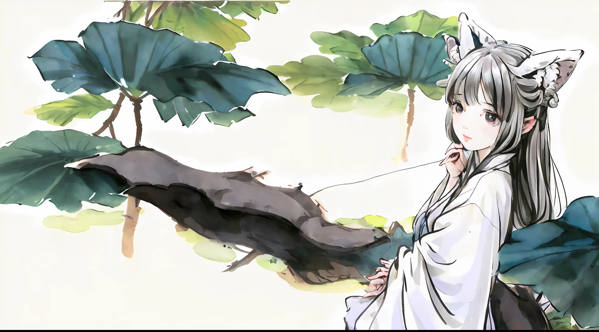 ((4k,masterpiece,best quality)), shuimobysim, Chinese painting, lotus, hanfu, maxiskit, dressed conservative 1 girl, solo, white hair, long hair, fox ears, white, bikini, fish, many fish close to the girl, looking at the audience, teasing