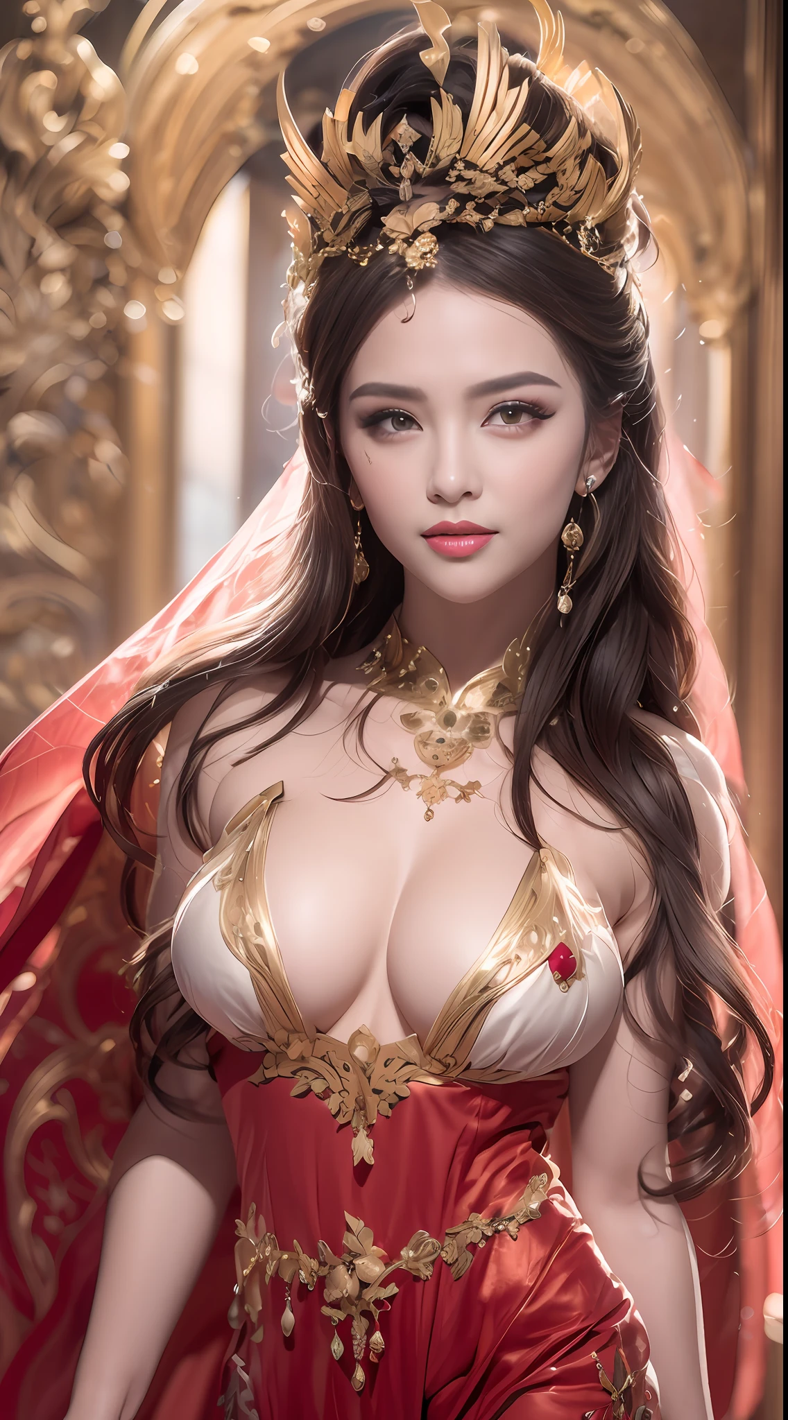 1 beautiful 27-year-old saint, charming adult saint in a long dress made of thin silk, flawless beautiful face, wearing a thin multicolored silk dress, (((Natural smile:1.0))), ((flat bangs:0.5)), (((platinum long hair:0.8))), big crown, hair brooch, hanfu dress, fanciful hanfu style, full body jewelry, forehead tattoo, super even chest, woman face, beautiful and pretty face, ((even porcelain teeth: 0.8)), The most beautiful and detailed light red lipstick, super flat big breasts, ((Thin plump lips:0.3)), ((Golden Eyes color:1.2), Detailed and delicate lighting effects, light and dark, dramatic lighting, magical light, extremely detailed light, true color, super sharp, realistic, 8k quality, fantasy universe background, saints and magical space, the most detailed images, ((Solo:0.3)), ((a saintess:0.6)), ((looking directly at the saint's upper body:0.4)), upper body, ((smooth skin:0.5)), ((the holy woman's veil:1.2)), ((solo:1.3)), ((alone girl:1.3)), female saint portrait, short images, Upper body portrait, (((open mouth:0.6))), Digital Realistic, ((fanciful red smoke effect:1.2)),