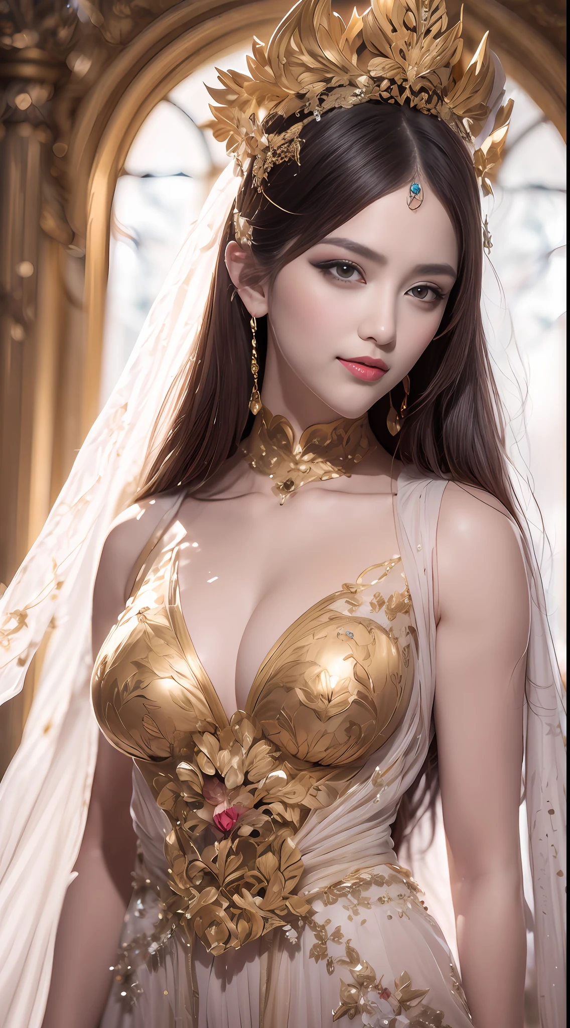 1 beautiful 27-year-old saint, charming adult saint in a long dress made of thin silk, flawless beautiful face, wearing a thin multicolored silk dress, (((Natural smile:1.0))), ((flat bangs:0.5)), (((platinum long hair:0.8))), big crown, hair brooch, hanfu dress, fanciful hanfu style, full body jewelry, forehead tattoo, super even chest, woman face, beautiful and pretty face, ((even porcelain teeth: 0.8)), The most beautiful and detailed light red lipstick, super flat big breasts, ((Thin plump lips:0.3)), ((Golden Eyes color:1.2), Detailed and delicate lighting effects, light and dark, dramatic lighting, magical light, extremely detailed light, true color, super sharp, realistic, 8k quality, fantasy universe background, saints and magical space, the most detailed images, ((Solo:0.3)), ((a saintess:0.6)), ((looking directly at the saint's upper body:0.4)), upper body, ((smooth skin:0.5)), ((the holy woman's veil:1.2)), ((solo:1.3)), ((alone girl:1.3)), female saint portrait, short images, Upper body portrait, (((open mouth:0.6))), Digital Realistic, ((fanciful red smoke effect:1.2)),