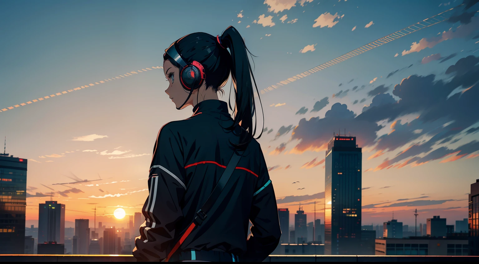Manteau,Athletic trousers,headset on head,Long ponytail,back to look back,Back Shadow,the setting sun