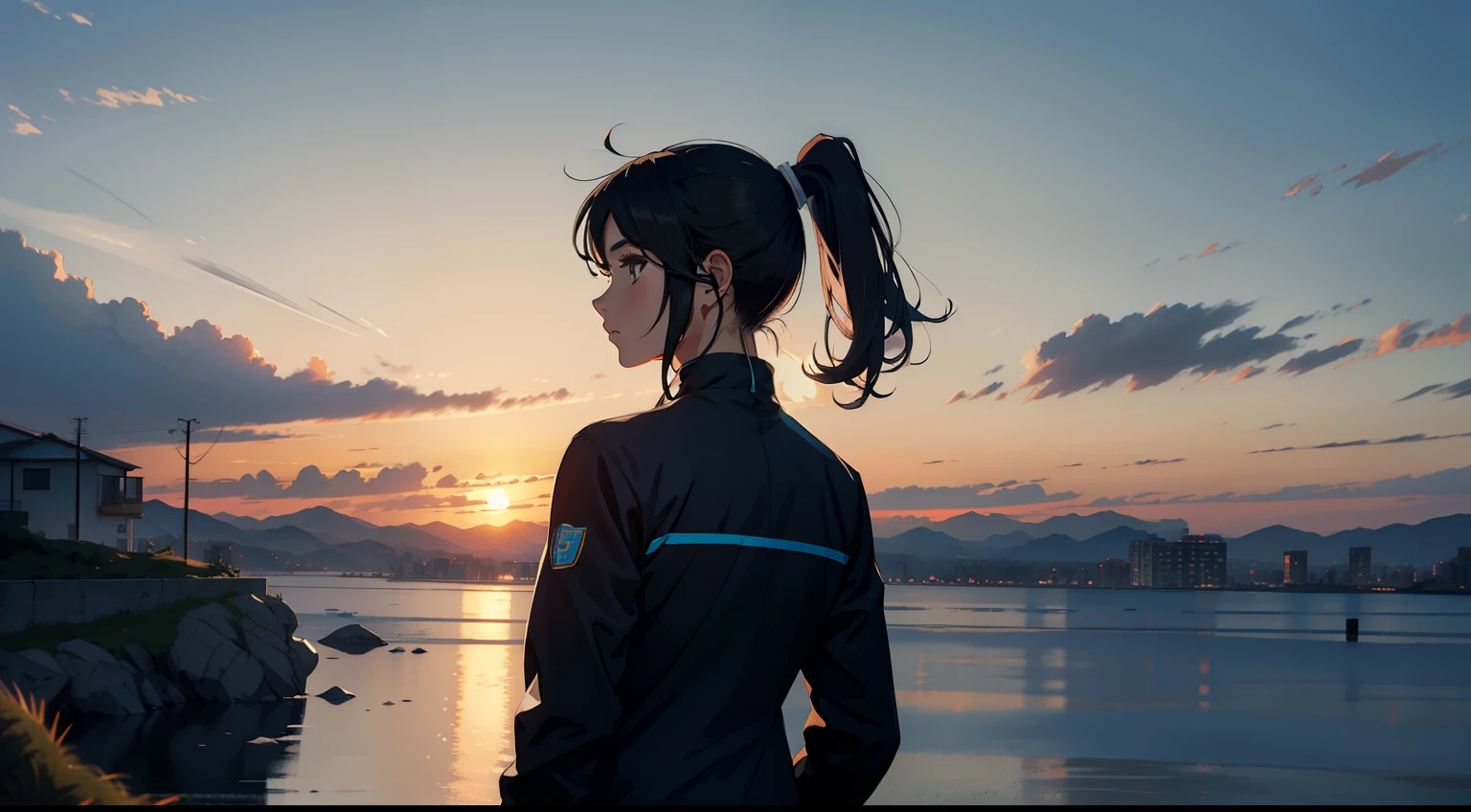 Manteau,Athletic trousers,headset on head,Long ponytail,back to look back,Back Shadow,the setting sun