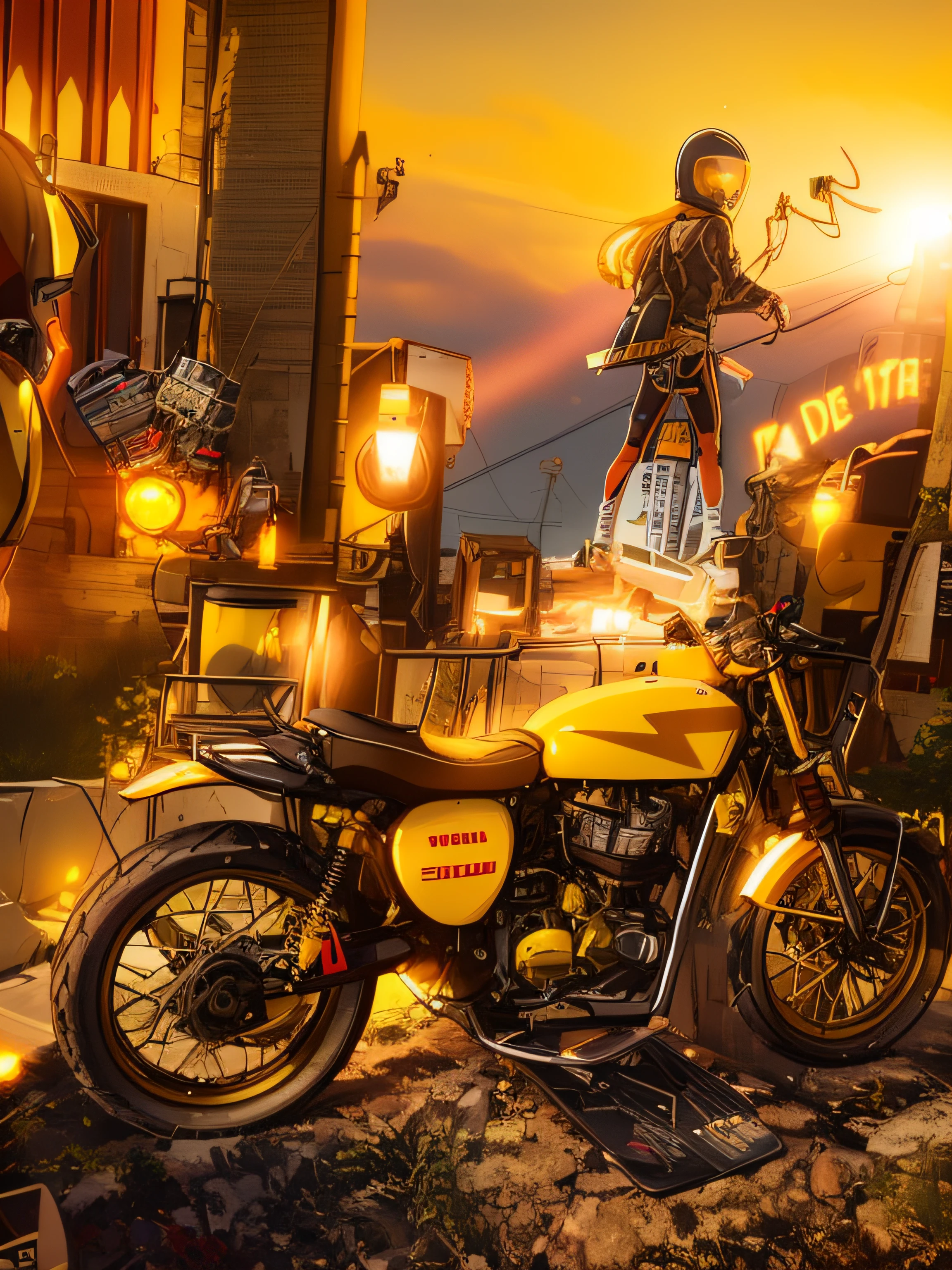 (nvinkpunk:1.2) snthwve style motorcyle, lightwave, sunset, intricate, highly detailed, yellow colour,