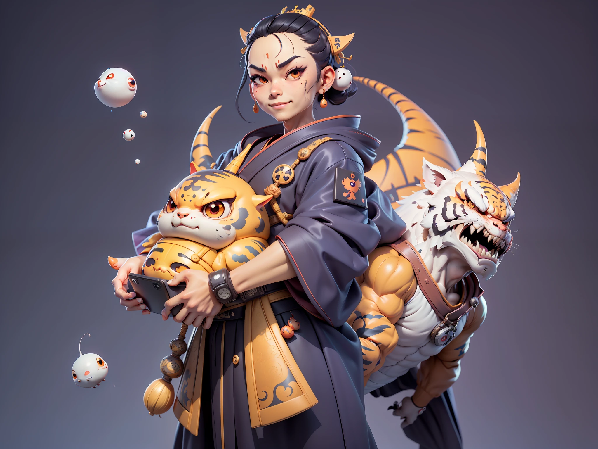 (Daisaku),(Need),(Super meticulous),(full bodyesbian:1.2),Japanese ukiyo-e girl，japanese geisha，Beautiful，Oriental dragon，one tiger，Aeolian Thor，Raised sexy，爆乳，Oriental face，TV Anchor，Bust portrait illustration，Alone，In black suit，a blue tie，The face is slightly chubby，The face was clean，without a beard，Black super short hair，Black eyes，Smile confidently，3C computer sub-products，iPad， iphone，Digital painting，3D character design by Mark Clairen and Pixar and Hayao Miyazaki and Akira Toriyama，The illustration is a high-definition illustration in 4K resolution，With very detailed facial features and cartoon-style visuals。