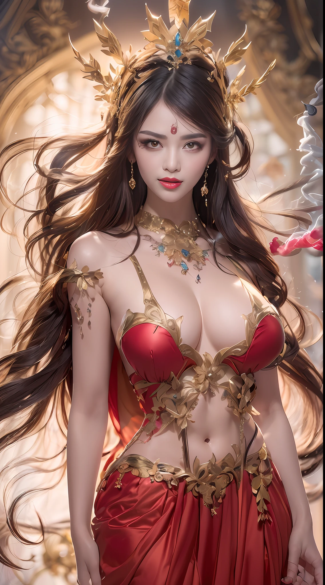 1 beautiful 27-year-old holy woman, charming adult saint in thin silk ao dai, nude on revealing breasts, beautiful face without blemishes, wearing colorful silk skirts that see through the upper body, (((natural smile:1.0))), ((flat bangs:0.5) ), ((((platinum long hair:0.8))) , big crown, hair brooch, hanfu skirt, fanciful hanfu style, page full body strength, forehead tattoo, super even chest, woman face, pretty and pretty face, ((even porcelain teeth: 0.8), light red lipstick the most beautiful and detailed , super flat huge breasts, (((Thin thin plump lips: 0.3)), ((Yellow eye color: 1.2), Detailed and delicate lighting effects, light and dark, light impression, light fanciful, extremely detailed light, true color, super sharp, realistic, 8k quality, fantasy universe background, saintess and fanciful space, the most detailed image, ((Solo:0.3) )), ((a saintess:0.6)) , ((looks straight at the saint's upper body:0.4)), upper body, ((smooth skin:0.5)), ((holy veil: female:1.2)), ((solo:1.3)), ((alone girl :1.3)), saint portrait, short photo, Body portrait, ((((open mouth:0.6))), Digital Realistic, ((fanciful red smoke effect:1.2)),