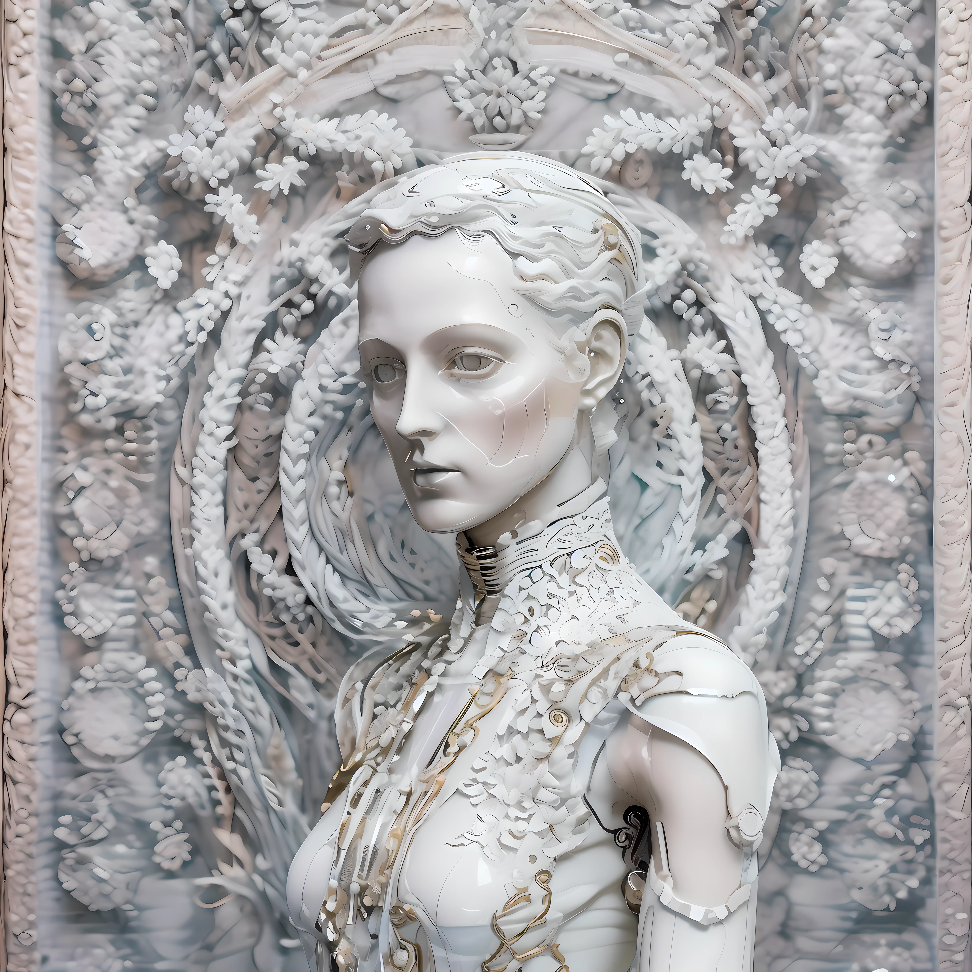 (((beautiful))) symmetrical female android, with strong androgynous facial features, face made and sculpted in fine porcelain with white marble, baroque aesthetics and art deco clothing.