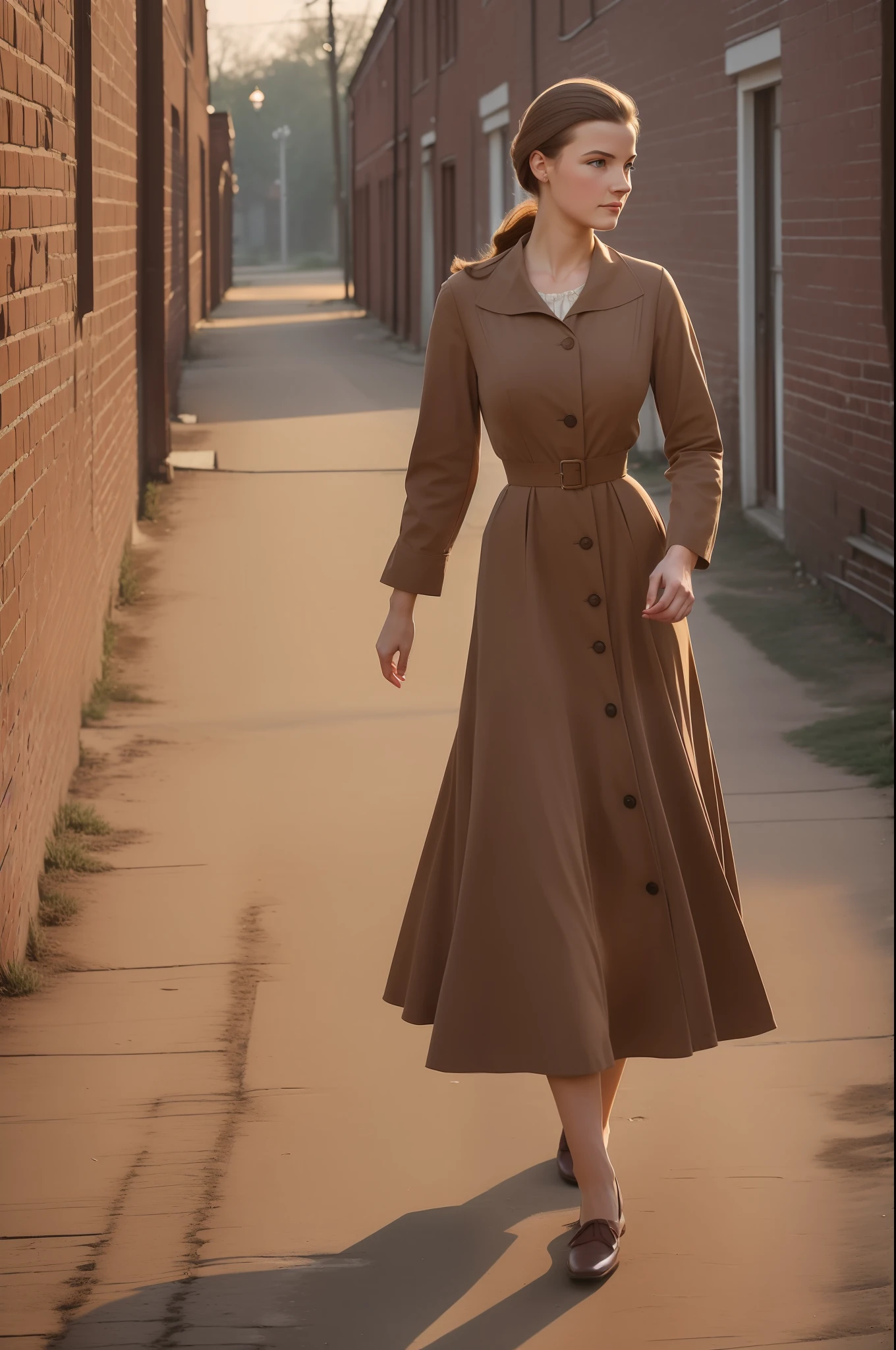 early morning, morning lights, russian woman in light brown dress, woman walking, 1950s, post-war era, brick wall, wide camera angle, motion