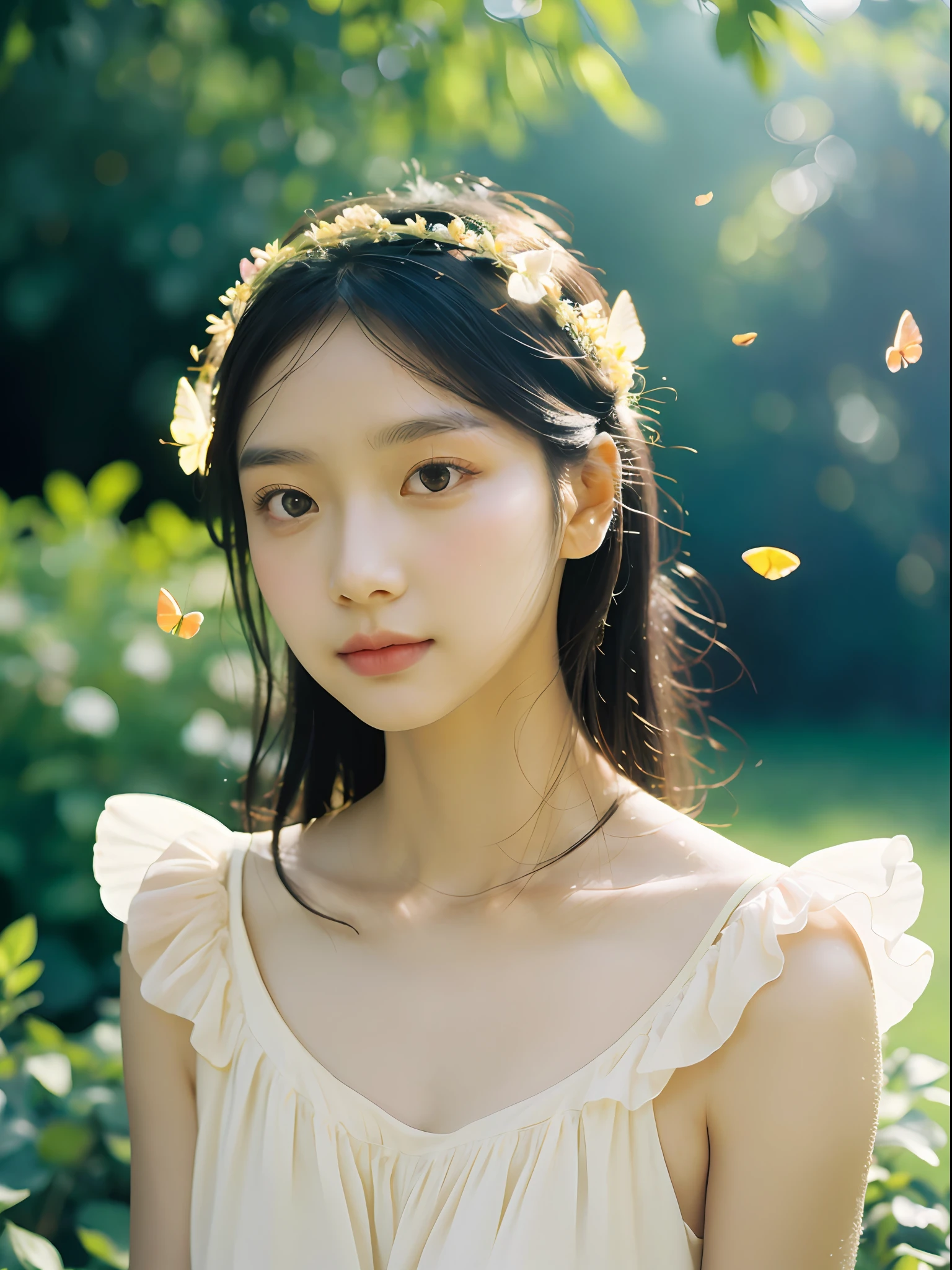 1girl, flowing sundress, floral headpiece, delicate makeup, (luminous eyes, smooth skin texture, gentle facial expression), golden hour lighting, serene garden setting, butterflies or flower petals, depth of field, warm color palette, whimsical atmosphere, high-resolution, soft focus.
portrait photography, 35mm film, natural blurry, filmg,