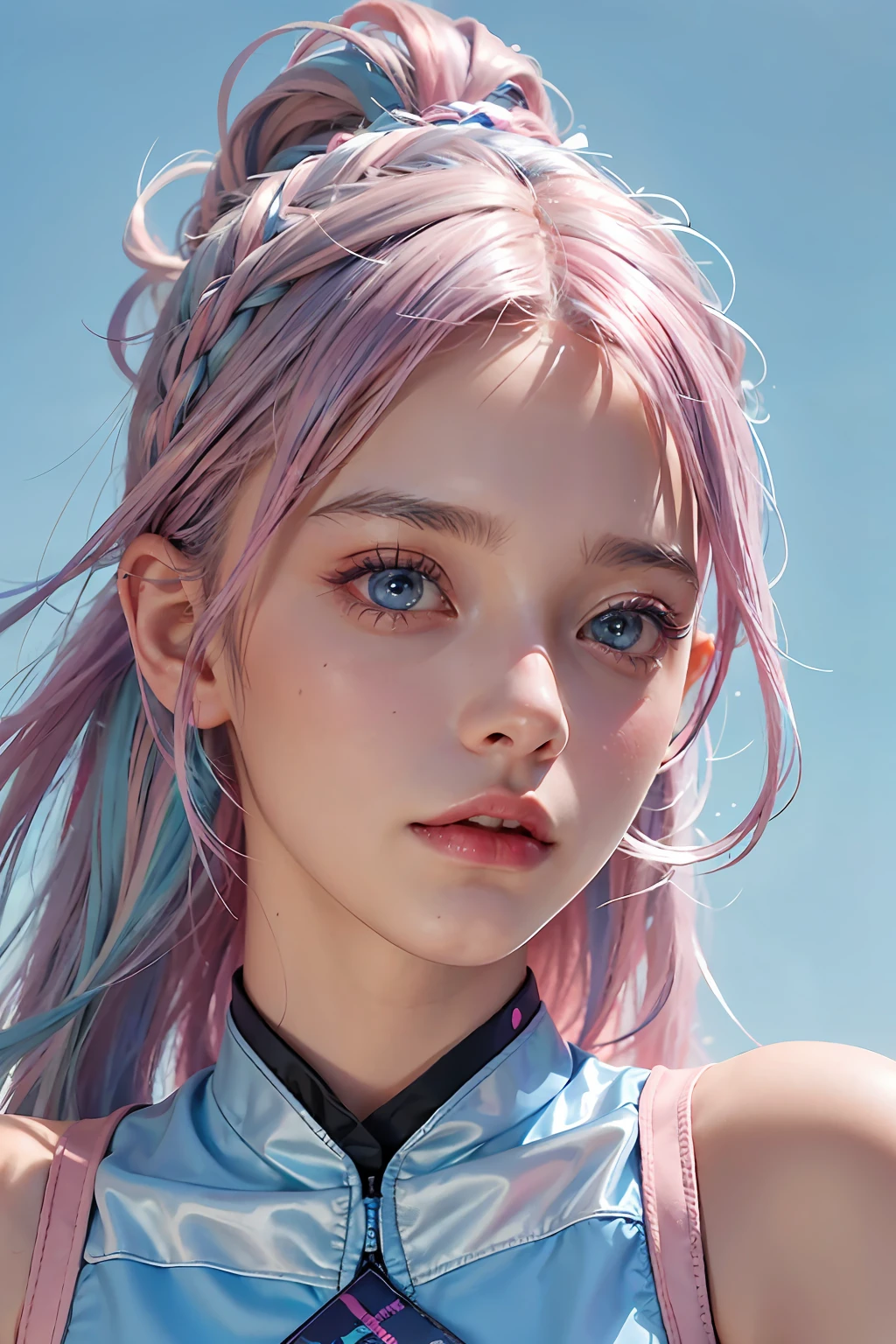 16 year old girl，adolable，（high-top fade：1.3），Long blue and pink hair，Pink theme，blue color eyes，soothing tones，Bright colors，hight contrast，（Natural skin texture，ultra-realistic realism，the soft light，Sharp）