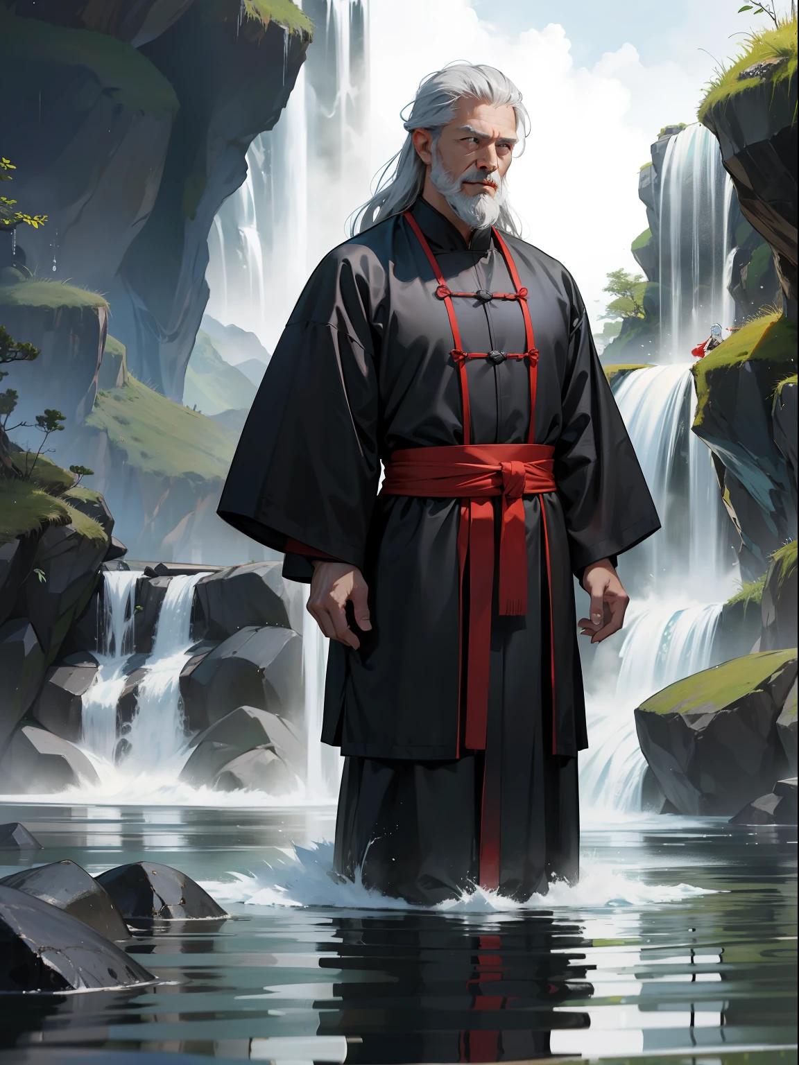 A Taoist priest, Wearing black Hanfu, 65 yeas old, gray hair and beard, standing in water, had his hands folded, Next to it is a barrier formed by water, The background is a waterfall, Ultra-wide angle, Masterpiece, Anatomically correct, Super detail