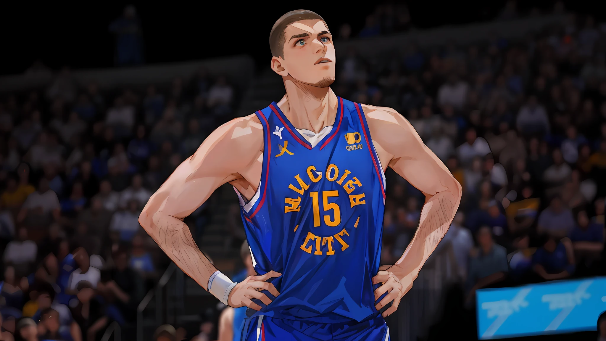 arafed basketball player in blue jersey standing on court with hands on hips, nikola jokic, center focused, very tall