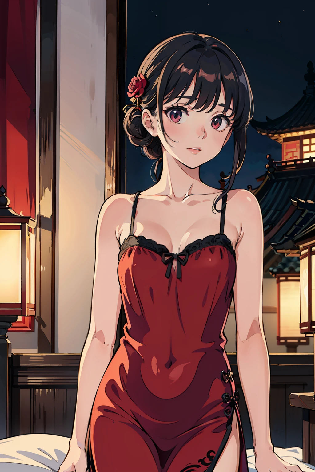 Pubic area is clear，4k wallpaper，HighestQuali，A  girl，Burgundy silk slip nightdress（Rose pattern），Reallightandshadow，skin detailed，warm lights，Chinese style bedroom，Wooden，Red sheets，chinese traditional architecture，nighttime scene，The upper part of the body