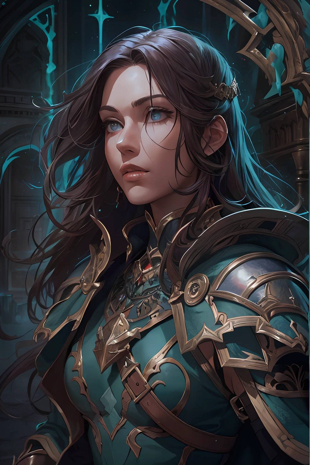 arafed, high details, best quality, 8k, [ultra detailed], masterpiece, best quality, (extremely detailed), dynamic angle, ultra wide shot, RAW, photorealistic, fantasy art, dnd art, rpg art, realistic art, a picture of  female human holy warrior,  warrior of god, full body, ultra detailed face [[anatomically correct]] dynamic position (1.5 intricate details, Masterpiece, best quality) in dark fantasy cemetery (1.5 intricate details, Masterpiece, best quality), woman wearing bright armor, heavy armor (1.4 intricate details, Masterpiece, best quality), armed with radiant sword (1.3, masterpiece), purple cloak (1.3, masterpiece) holy symbol with [bright aura] (1.4), long hair, dark hair, green eyes intense eyes, dark cemetery background (1.5 intricate details, Masterpiece, best quality) dread atmosphere (1.6),  dawn light, divine rays (1.4 intricate details, Masterpiece, best quality), dynamic angle, (1.4 intricate details, Masterpiece, best quality) 3D rendering, high details, best quality, highres, ultra wide angle@EG1