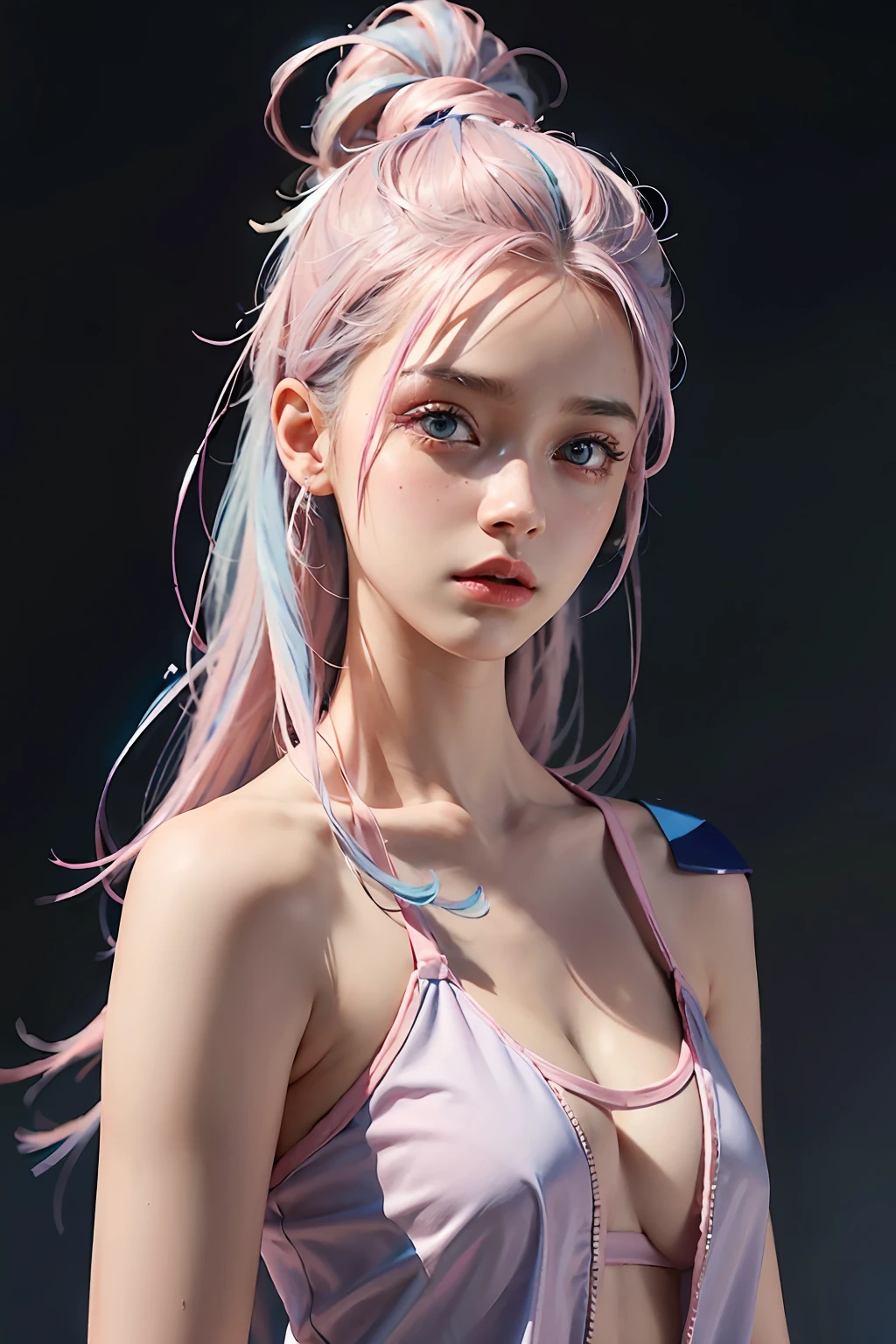 16 year old girl,adolable,(high-top fade:1.3),Long blue and pink hair,Pink theme,blue color eyes,soothing tones,Bright colors,hight contrast,(Natural skin texture,ultra-realistic realism,the soft light,Sharp)