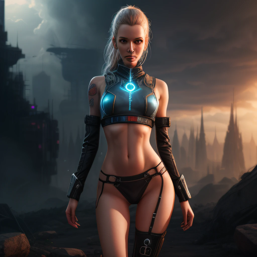 Alica Schmidt, Cyber Punk, Skimpy battle suit, partially exposed skin, tattoo, detailed skin, digital painting, Hyperrealistic, Full body, highly detailed, sharp focus, sci-fi, stunningly beautiful, volumetric, crepuscular rays