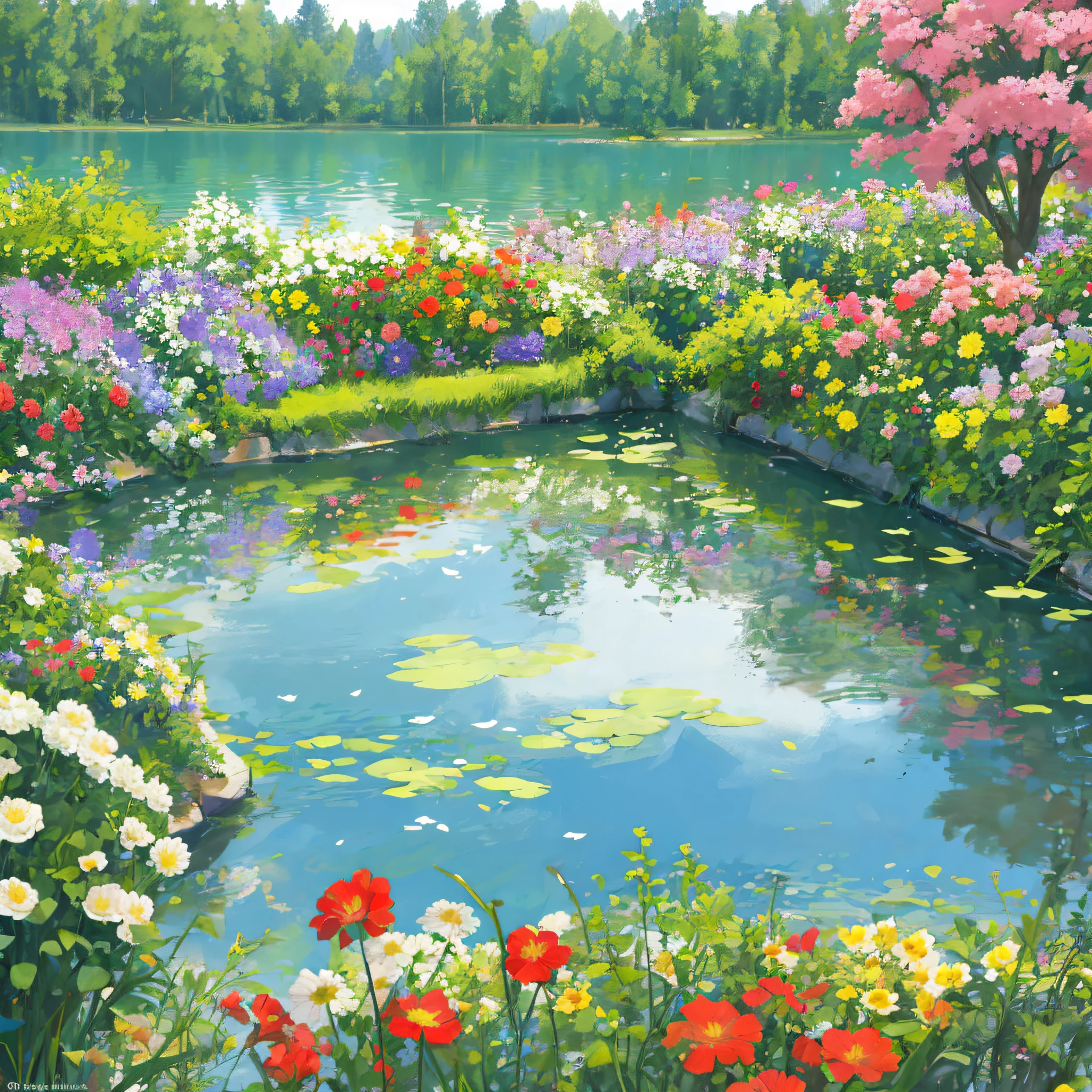 flowers,garden,lake