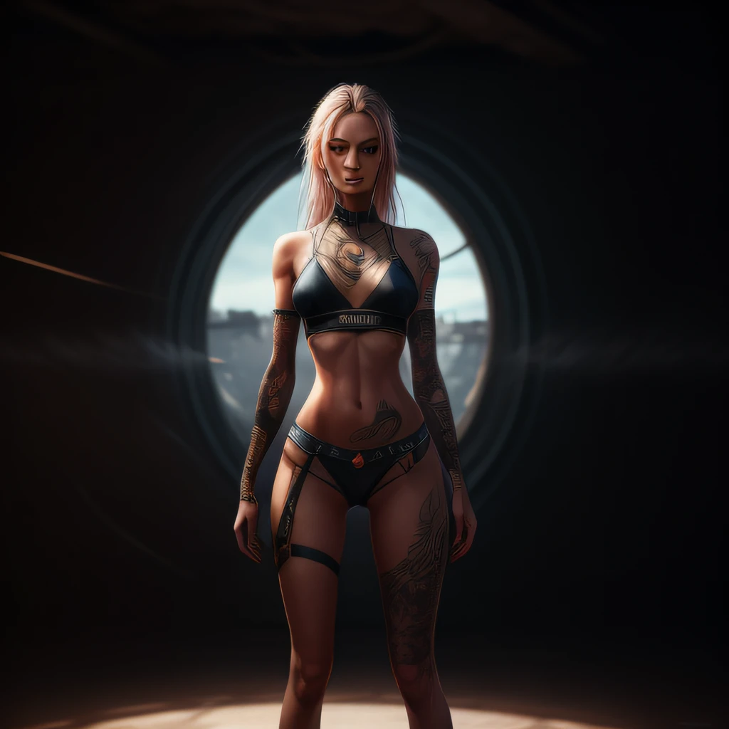 Alica Schmidt, Cyber Punk, Skimpy battle suit, partially exposed skin, tattoo, detailed skin, digital painting, Hyperrealistic, Full body, highly detailed, sharp focus, sci-fi, stunningly beautiful, volumetric, crepuscular rays