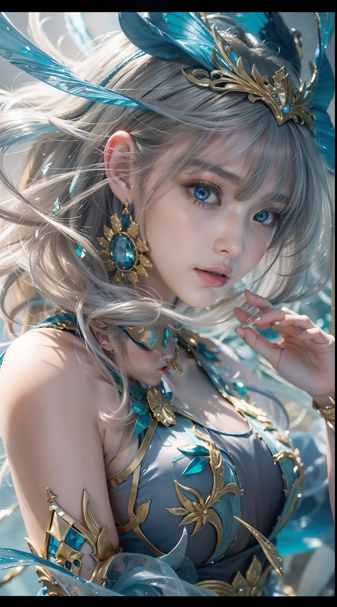 Beautiful seabed sparkling,Daytime, Dark, (Fantasy),infinite,deep blue sky,The abyss of knowledge,Cowledge,((masutepiece)), (((Best Quality))),((Beautiful fine eyes)),(Eye lashes)、Very beautiful face、beautiful mermaid、(1人)、Golden hair、The long-haired、abyss eyes、glowy skin、oils、small tits、Perfect human body structure、Flowing and beautiful costumes、tattered cloth、Realistic coat、Tee、Super delicate CG Unity 32k wallpaper、masterpiece, ((ultra-detailliert)), ((illustratio)),colourfull,wall-paper,The energy,Unknown terror,Incomprehensible,Around the magic,Magical surroundings,magic wands,Boken,Know everything,Predict the future、Get to know the past、Infinite wisdom、blue flames、Spells、Singing magic