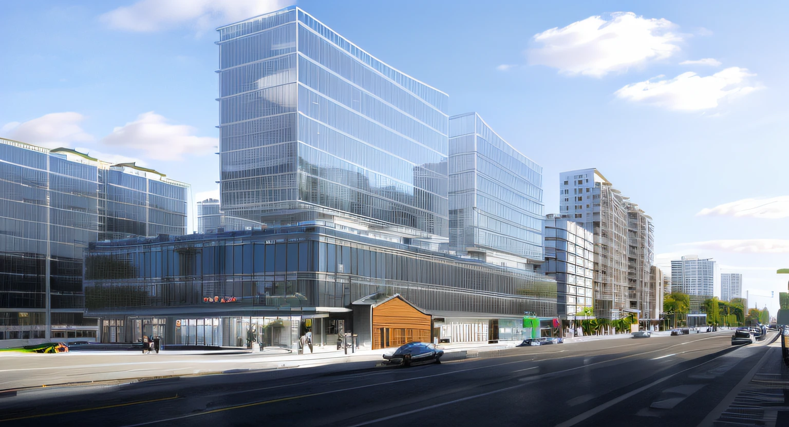 Buildings,Superior apartment,The city is busy,Dense traffic,with blue sky and white clouds,Street trees,Commercial along the street,hyper HD,high qulity,A high resolution,Urban crowds,the street,Clean glass,