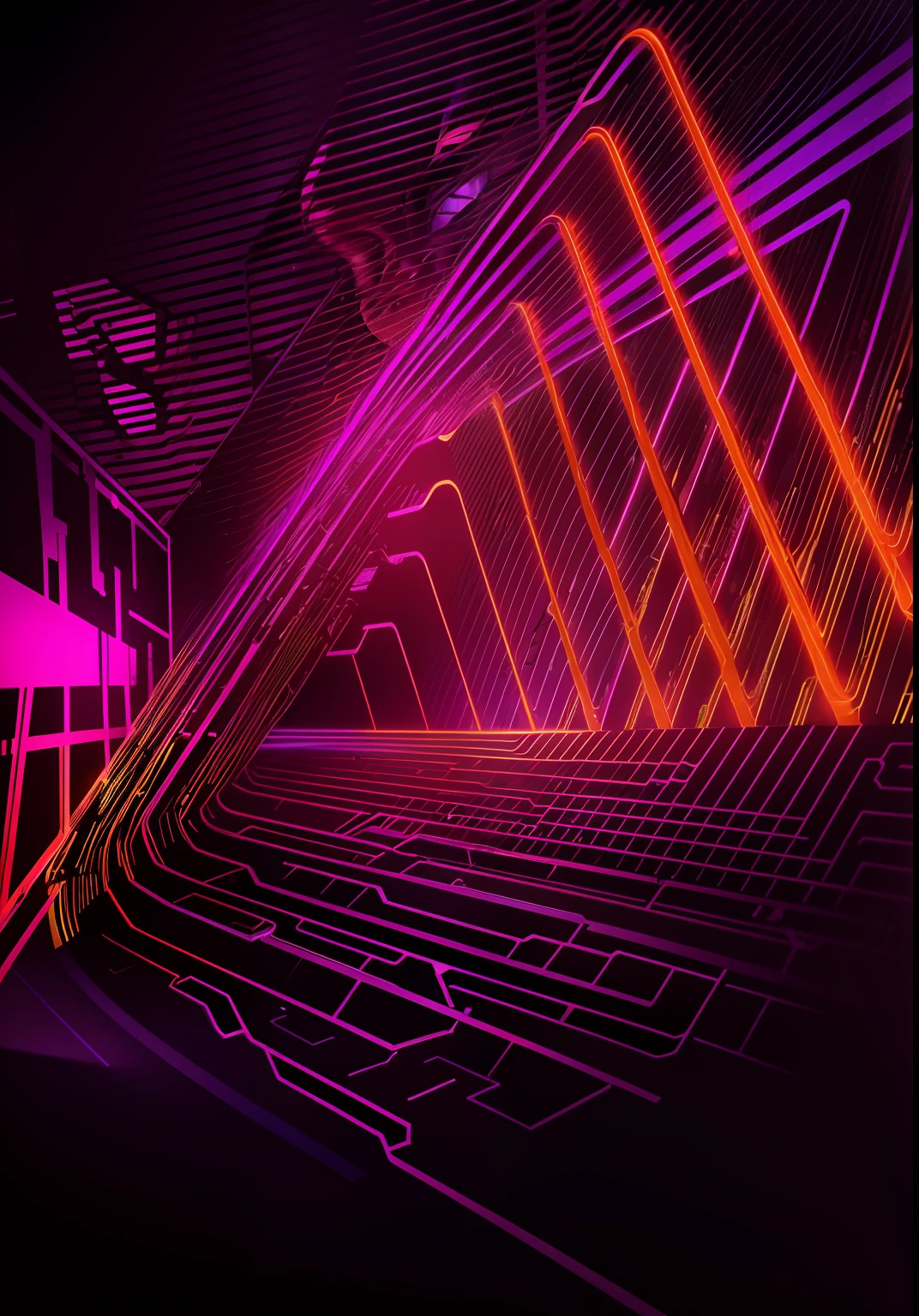 Draw card face,Dark background with orange,Purple lines and black background, glowing lines, Orange in the background,PURPLE NEON MONITOR LIGHT, Orange colors,Purple neon glowing lines, background with neon lighting, illuminated glowing lines, Neon lines, Orange neon background, illuminated neon lines, The floor is made of black floor tiles