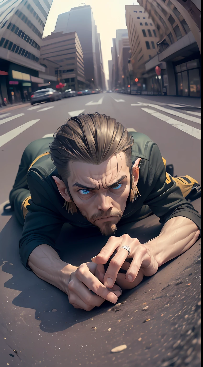 ((Low angle Pov Wide-Angle 30mm)) (()((skinny man, big eyse dilated pupils , sad, hand , crawls , )) in city