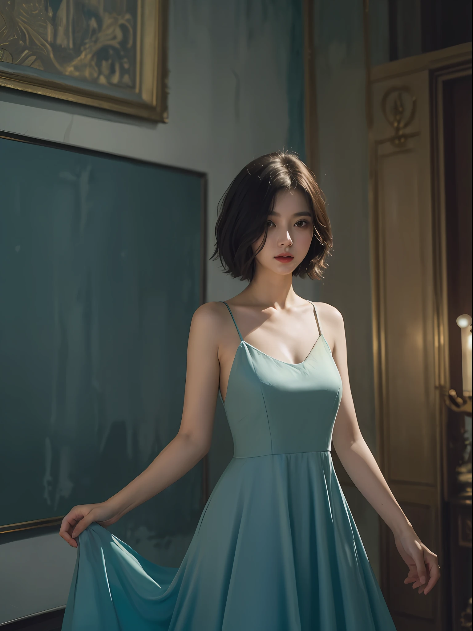 top-quality、​masterpiece、超A high resolution、(Photorealsitic:1.5)、Raw foto、1girl in、murky、deep-shadows、Unobtrusive、cold light、sexy appearance、shorth hair、((very_short_hair))、((Luxury evening dresses))、((Luxurious painting))