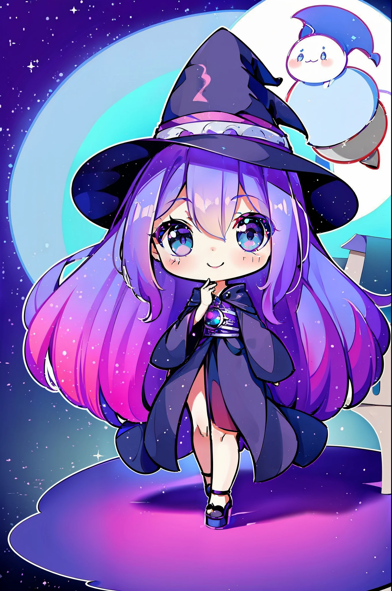 1 girl in、Long purple hair、Light blue eyes、witch's hat、witch's robe、black robes、Cute smile、fluffy atmosphere、Castle and moon background、Chibi、Chibi Chara、full bodyesbian、((Masterpiece Highest Quality:1.2))、(High resolution of the highest quality), [[bad face]], [[Fused fingers]], [[multiple limbs]]