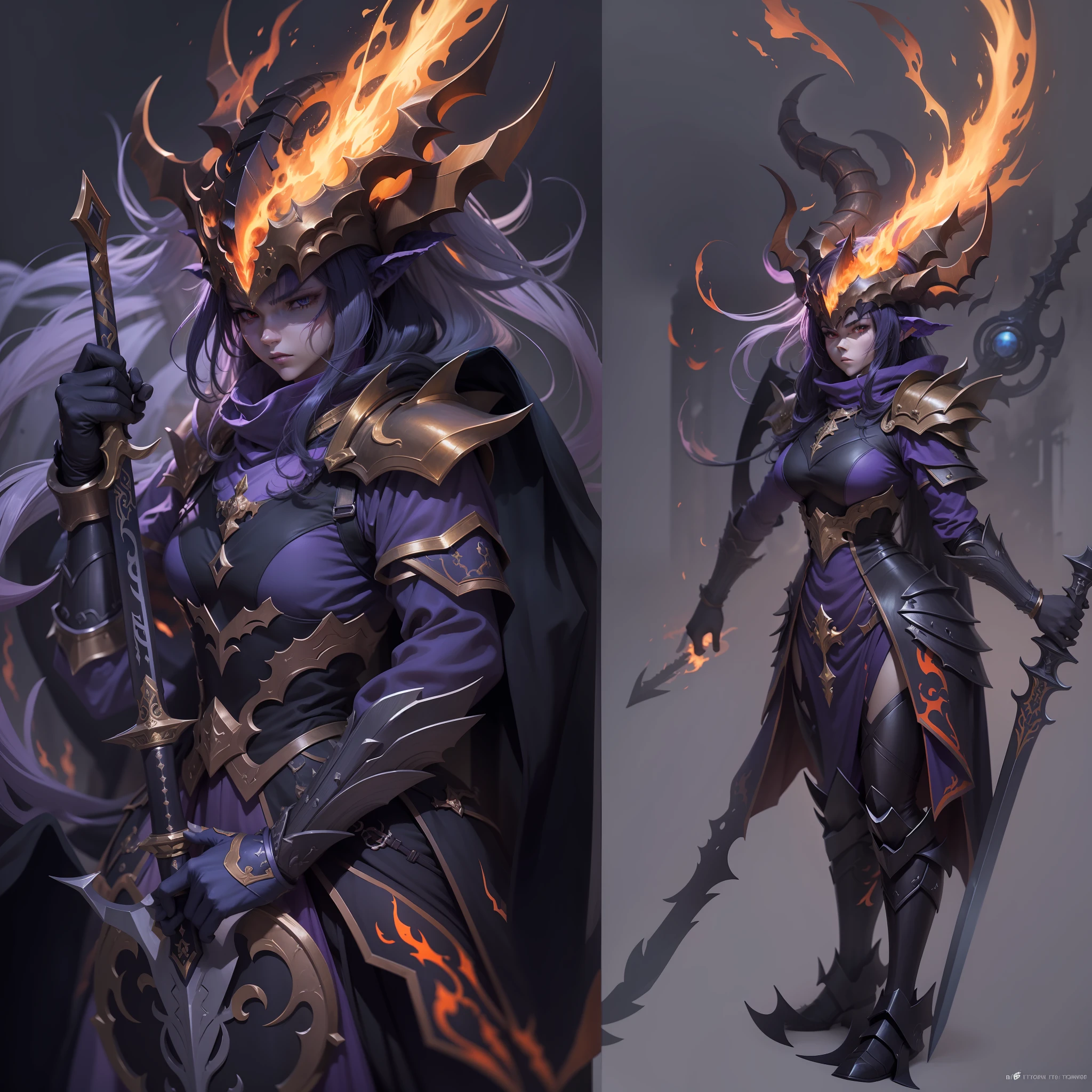 best qualtiy，Game character design，Character styling design，（Legends and stories），Hell Lord，（Demon God），has horns on its head，（Anime epic artwork），Tall，（Body 1.2），Wears purple scale armor，holding a large sword，Ferocious and ferocious，（Oil painting 1.2），Flames in the background night，Ionic rendering，super detailing，detailed anime character art