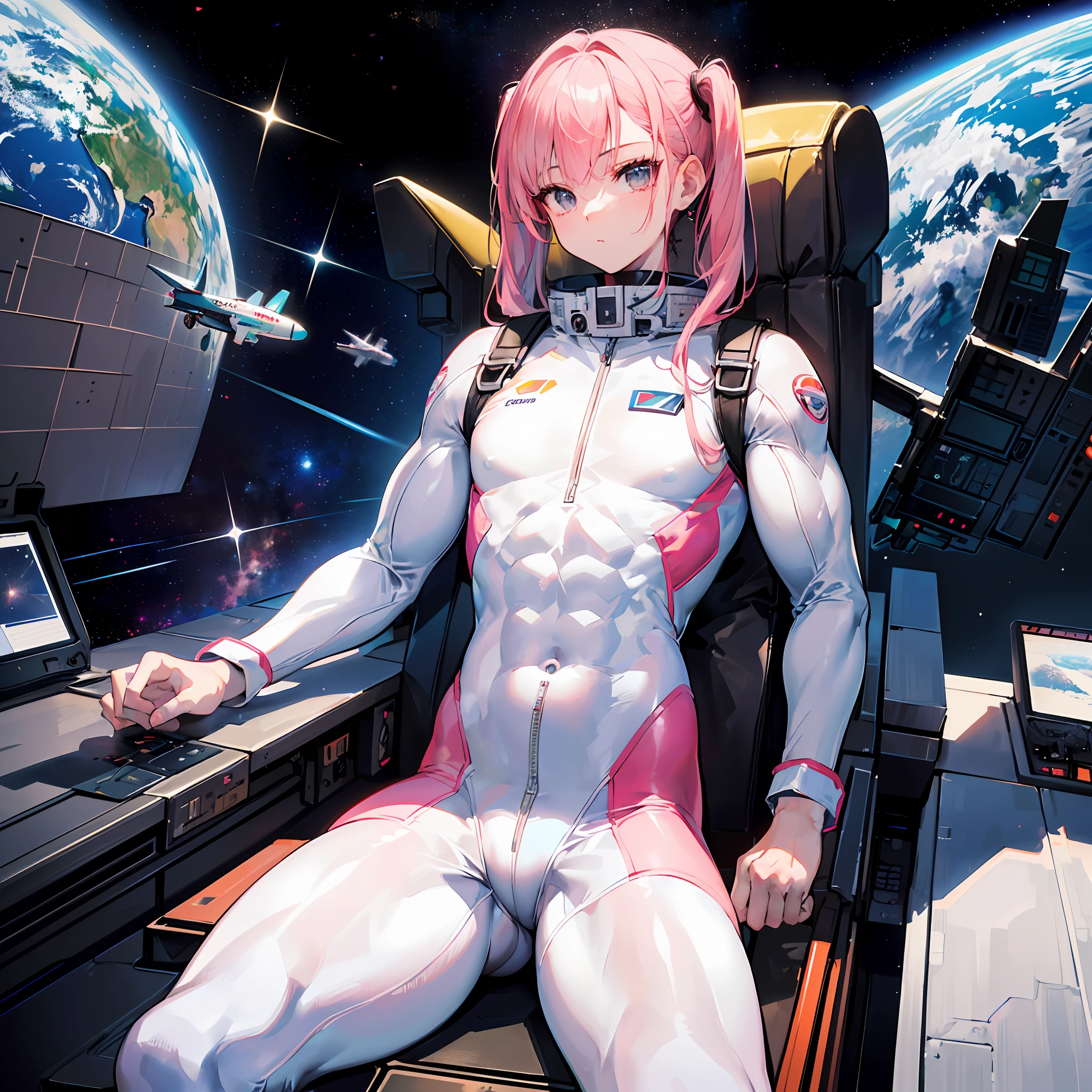 ((Masterpiece)), ((Highest image quality)), (Highest image quality)), (((Illustration of one adult)), Full body, (((25 years old)), (Face is female, Body is male)), (Pink hair twintails)), Light gray eyes, (((Tall)), ((Flat)), (Small breasts), (Muscular strong man's body)), (Muscular strong man's body)), (Muscular chest plate)), Abs, (( Muscular and thick arms)), (((muscular and thick legs)), ((manspreading)), open legs, ((white pilot suit)), ((in the cockpit)), (space on the monitor, Earth seen from space, spaceport)