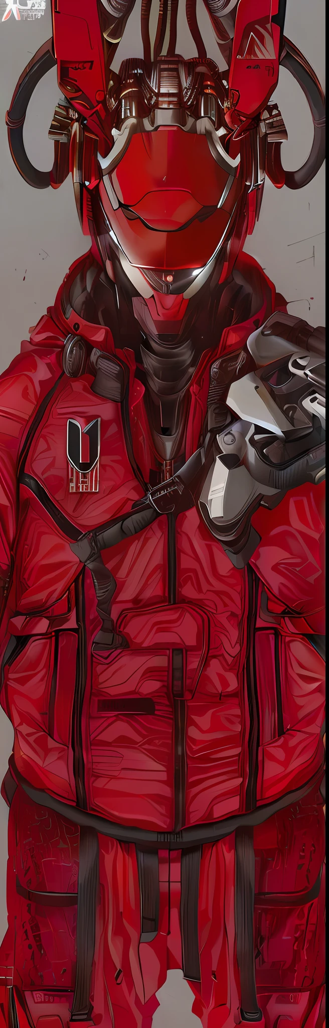 Close-up of a red robot holding a gun in his hand, akira style illustration, char aznable album art, akira art style, akira color palette, akira movie style, High-tech red armor, samurai flight suit, Advanced technology flight suit, in the style of akira, drdisrespect as a gundam, Close-up Shot Shot, focus on anti-g flight suit
